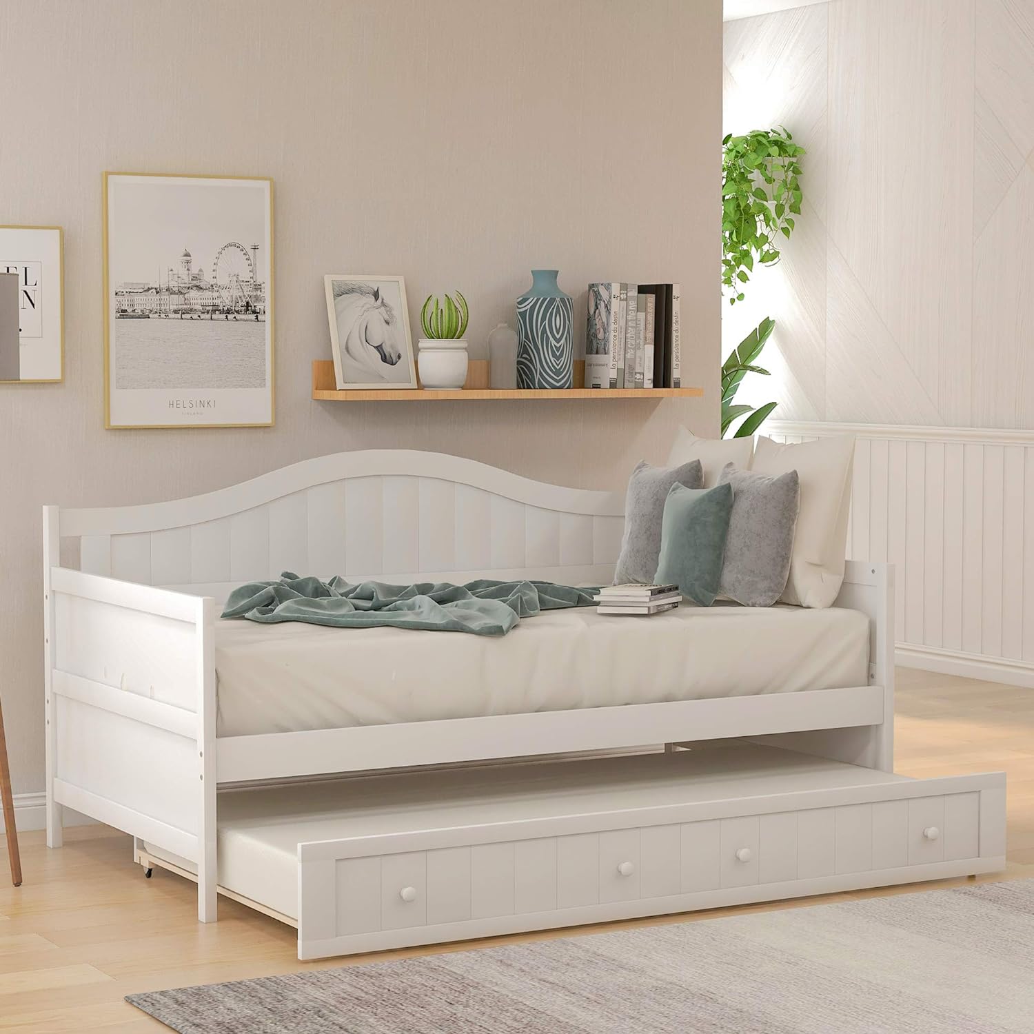 Daybed With Trundle, Woooden Bed Frame With Trundle, Sofa Bed Bed For Bedroom Living Room, No Box Spring Needed – White