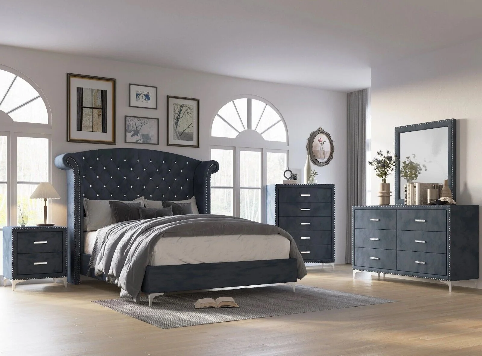 Modern Glamourous Style 4pc Queen Size Bed Dresser Mirror Nightstand Bedroom Set Dark Gray Velvet Upholstery Furniture