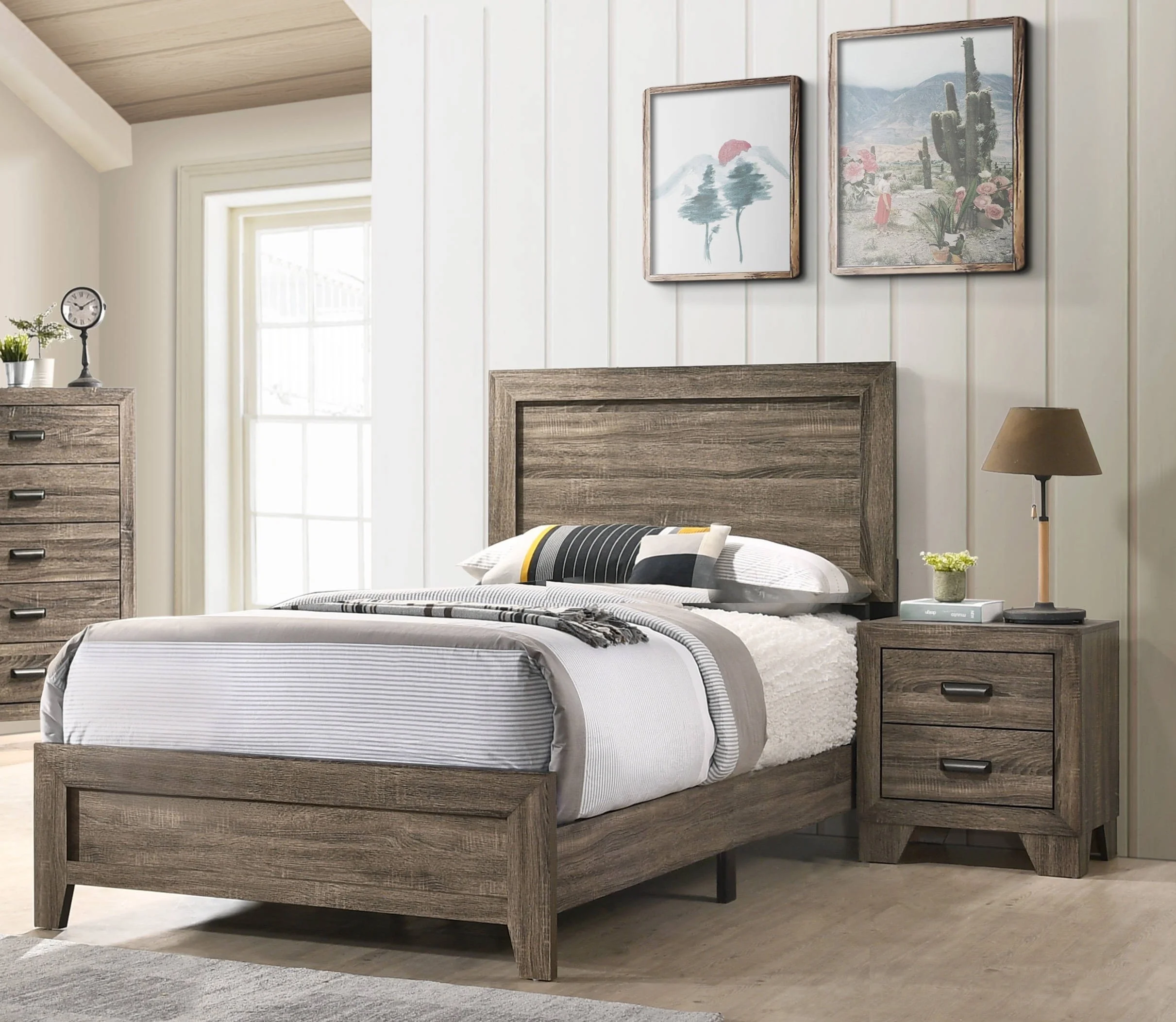 Contemporary 3Pc Twin Size Panel Youth Bed Nightstand Set Wooden Home Bedroom Furniture Gray Finish