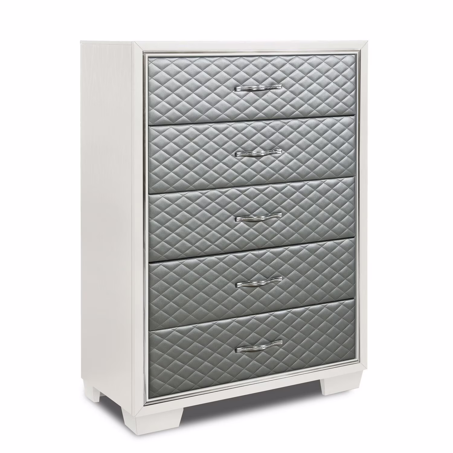 BenJara Inna 54 Inch Tall Dresser Chest, 5 Drawers, Silver Upholstery on White Wood