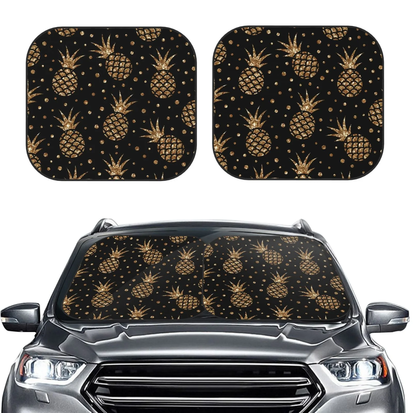Lukts Gold Glitter Pineapples Print 2 Piece Car Sun Shade Windshield,Foldable Car Shade Front Windshield With Keeps Your Vehicle Cool, For Most Sedans Suv And Trucks - Small