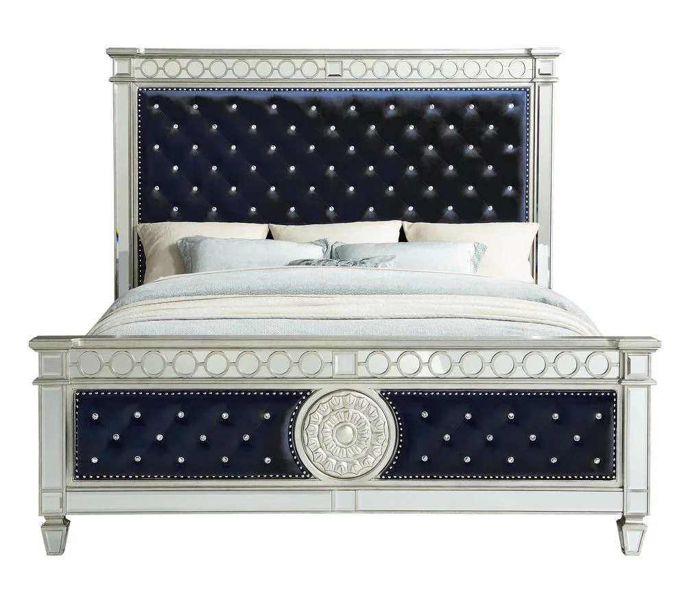 Contemporary Black Velvet & Mirrored Queen Bedroom Set by Acme Varian 27350Q-3pc