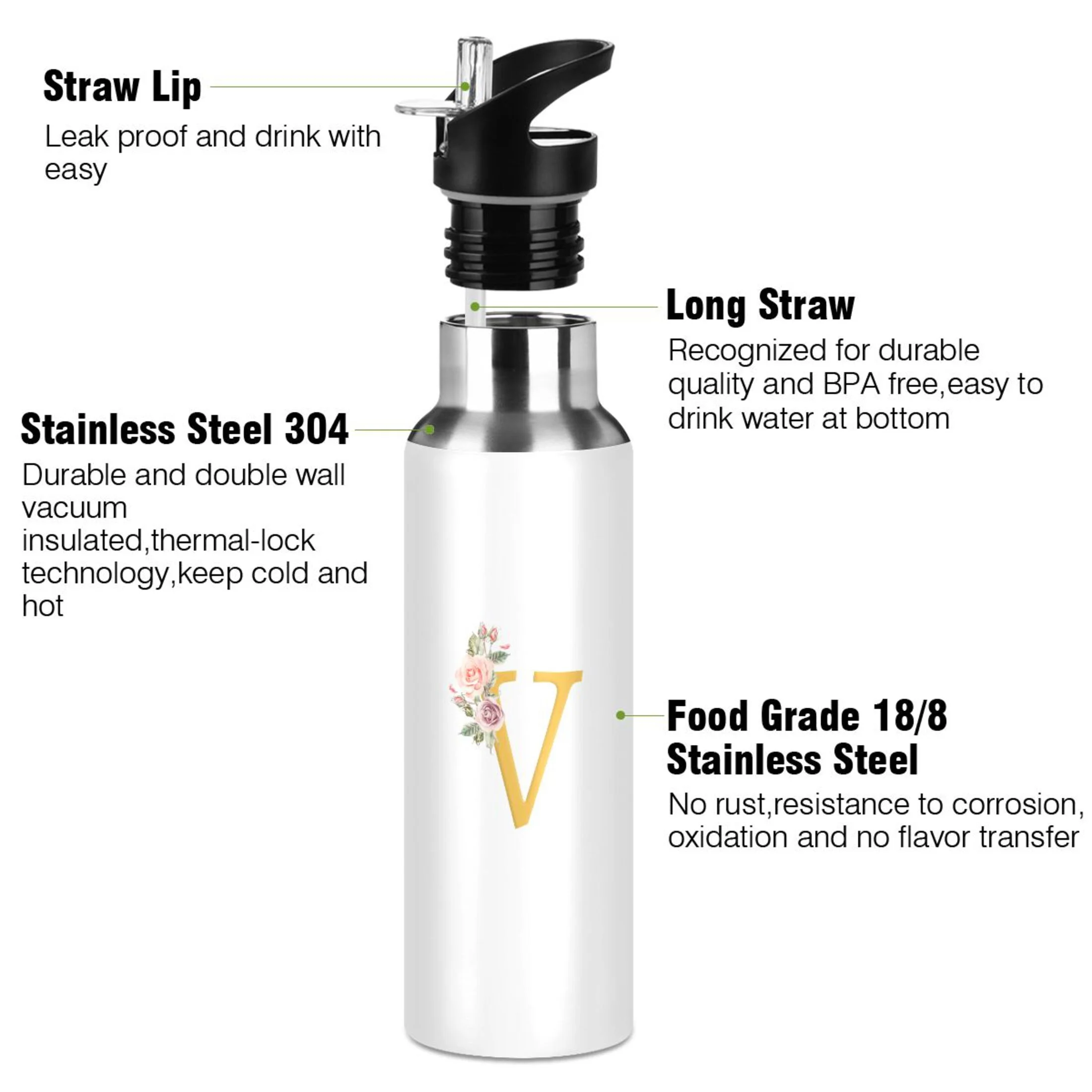 Water Bottle with Straw Lid Leak V Stainless Steel Insulated Thermos Vacuum Flask for Cold Hot Drinking for Sports Camping Gym Yoga