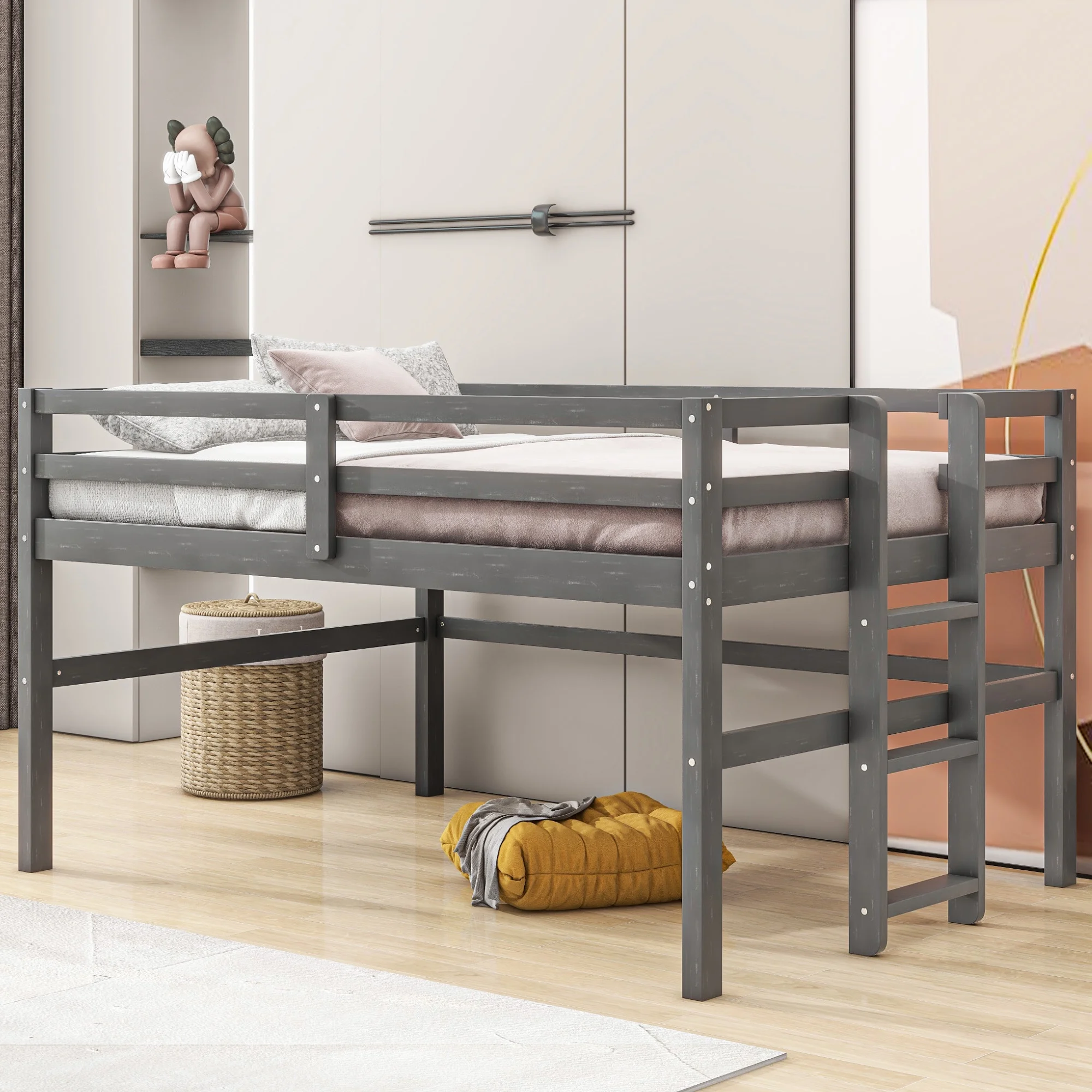 CoSoTower Wood Twin Size Loft Bed with Side Ladder, Antique Grey