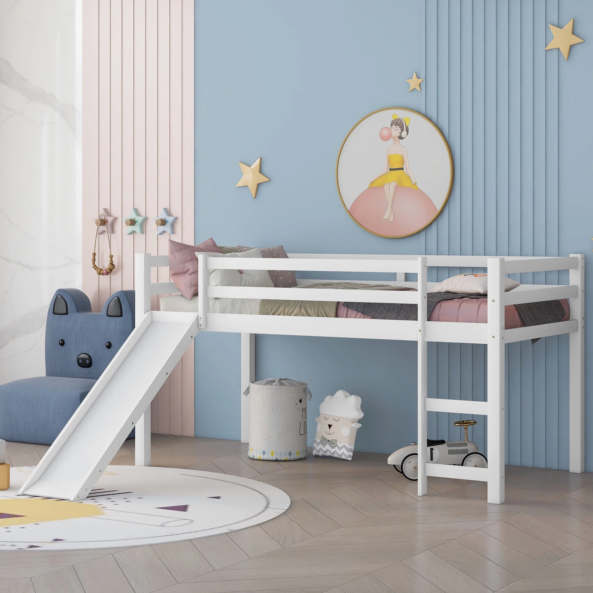 Bellemave Twin Size Loft Bed with Slide and Ladder for Kids, Wood Low Loft Bed Frame (White)