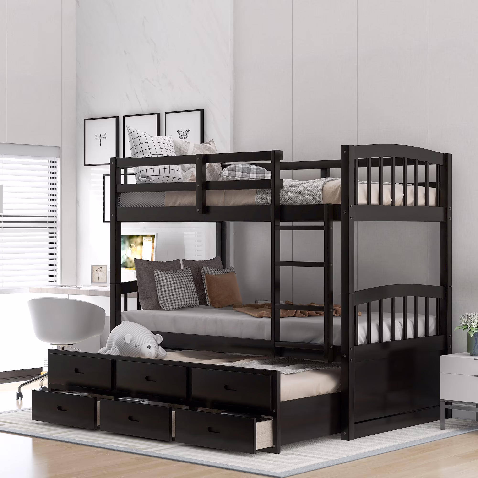CoSoTower Twin Over Twin Wood Bunk Bed With Trundle And Drawers, Espresso