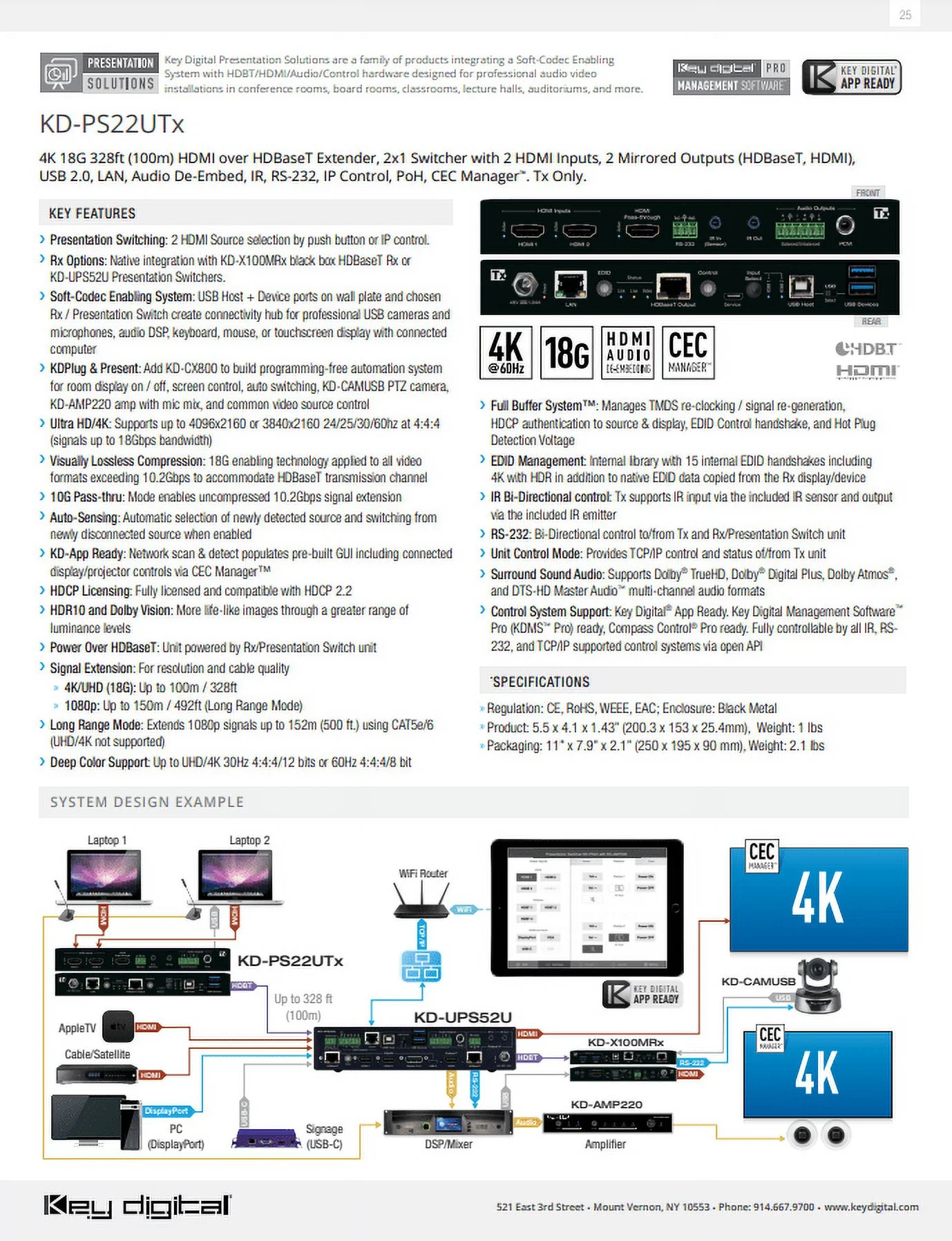 Key Digital 4K/18G 328ft HDMI over HDBaseT Extender (Transmitter)/2x1 Switcher with USB/LAN/IR/RS-232/IP/PoH/CEC
