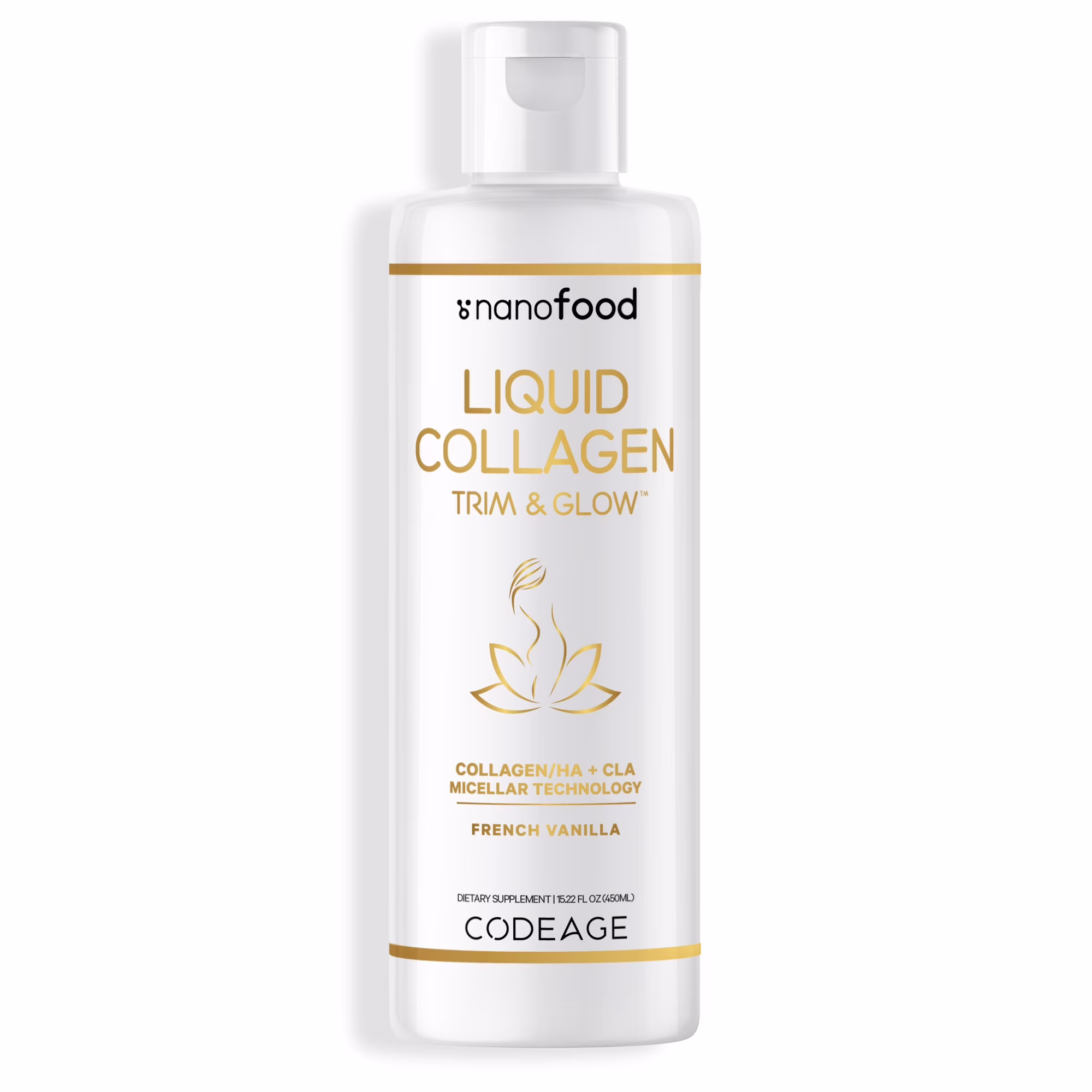 Codeage Nanofood Liquid Collagen Trim & Glow, Conjugated Linoleic Acid, Hyaluronic Acid, Hydrolyzed Collagen Type I, II, III, Whey Protein, Liposomal Delivery, Vanilla Flavor, 15.22 fl oz