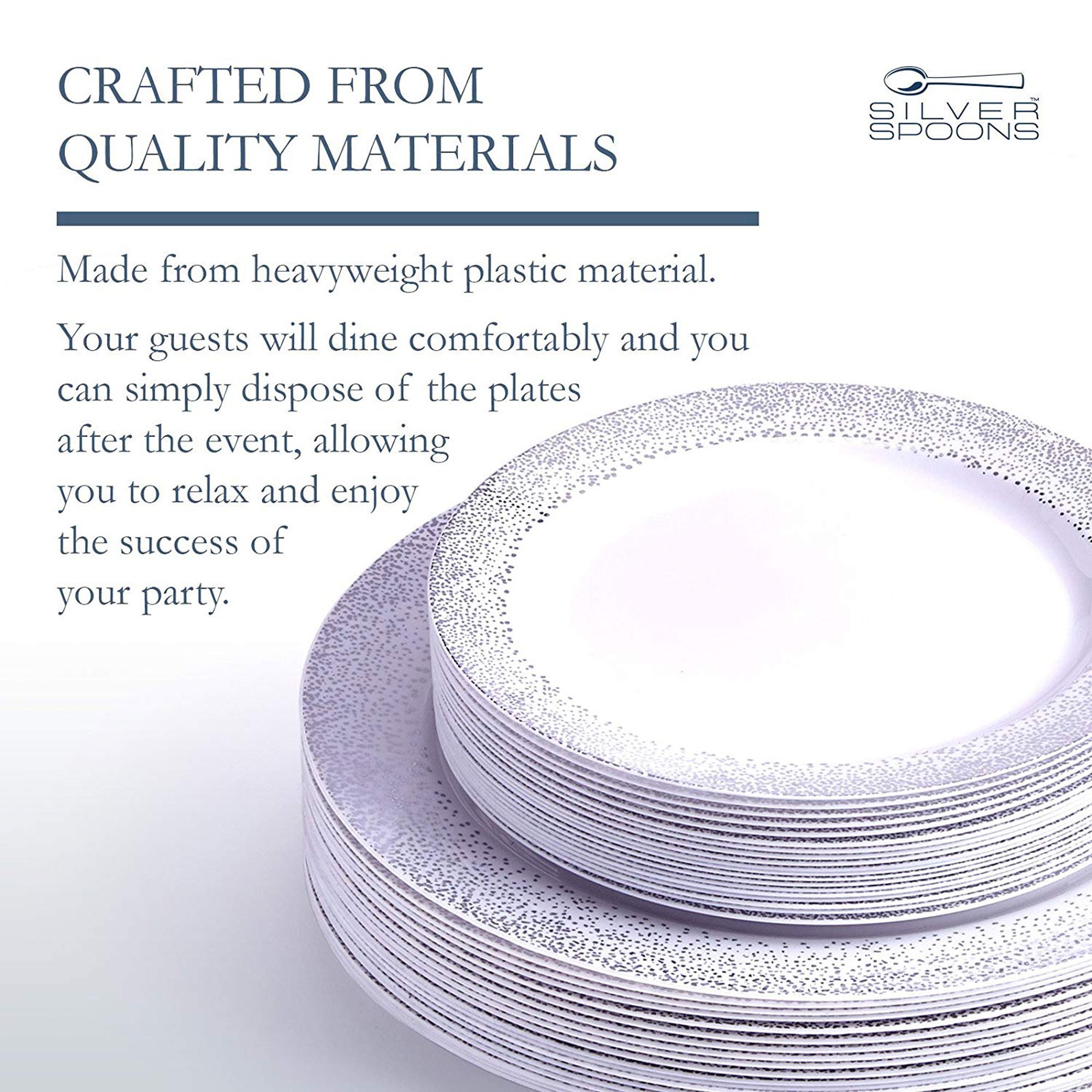 Premium China Look Disposable Plate Set | 120 Dinner Plates and 120 Salad Plates | Ocean Mist Collection (Silver)