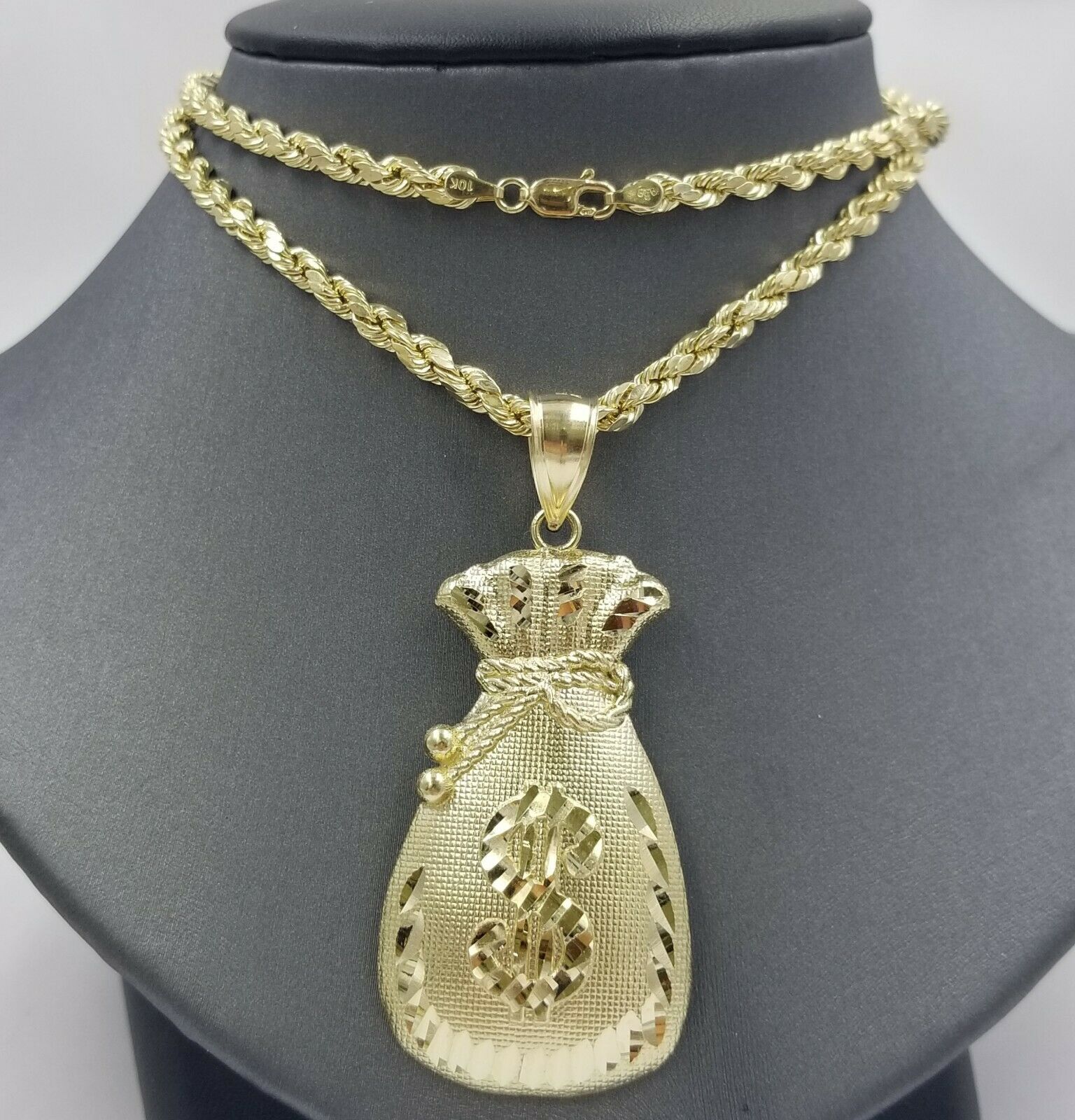10K Yellow Gold Money Dollar Bag Charm Pendant Diamond Cut Men