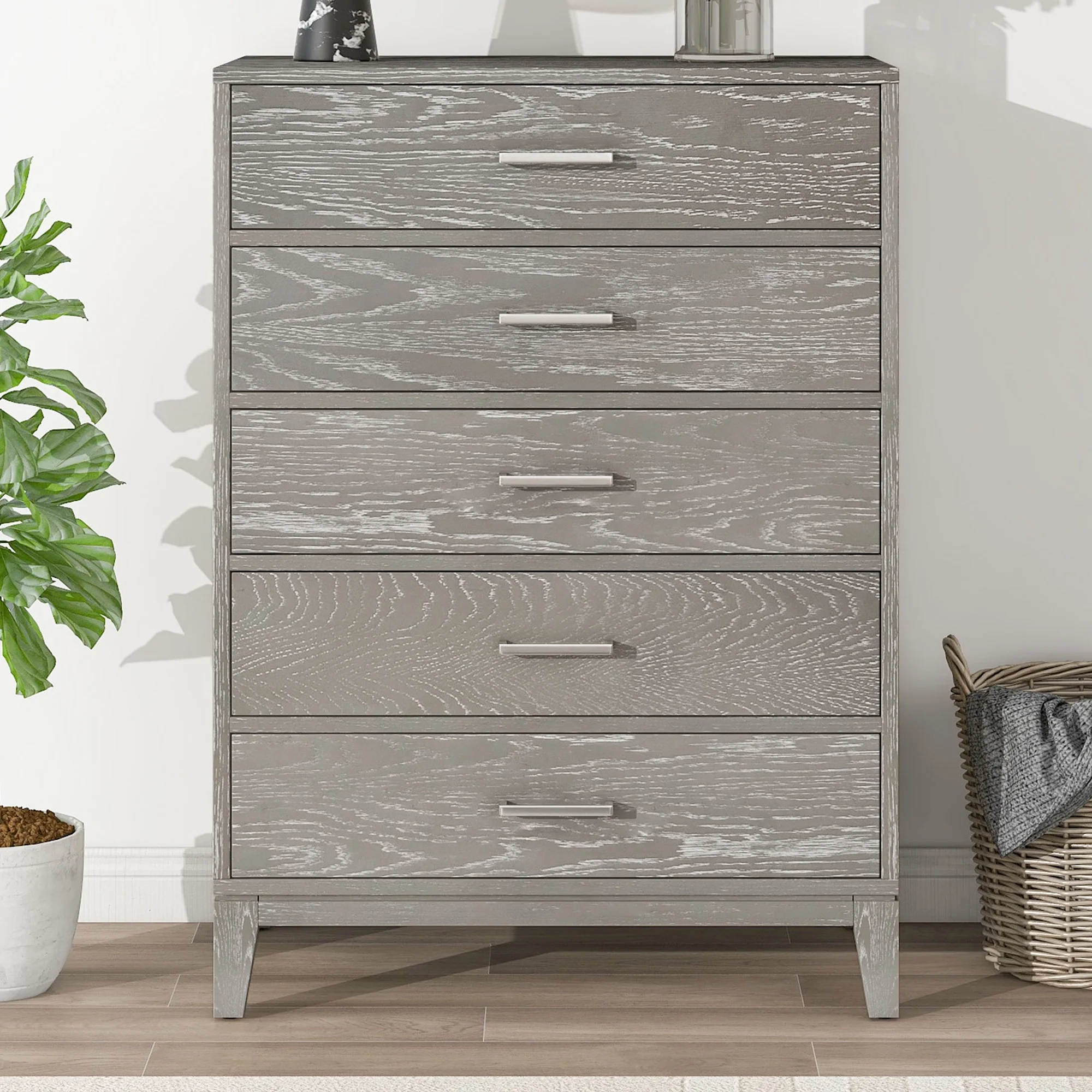HSUNNS 5 Drawer Dresser for Bedroom, Modern Dresser Tall 5 Chest of Drawers, Wood Grain Surface Storage Organizer Dresser, Nursery Dresser, for Living Room, Hallway, Apartment, Kids Bedroom, Gray