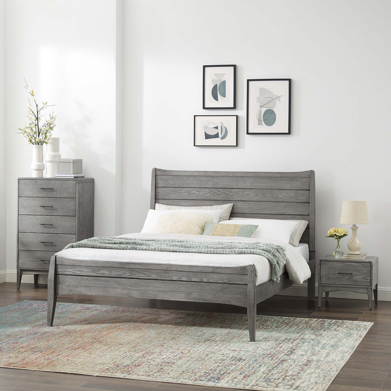 Platform Bed Chest Nightstand Set, King Size, Wood, Grey Gray, Modern Contemporary Urban Design, Bedroom Master Guest Suite