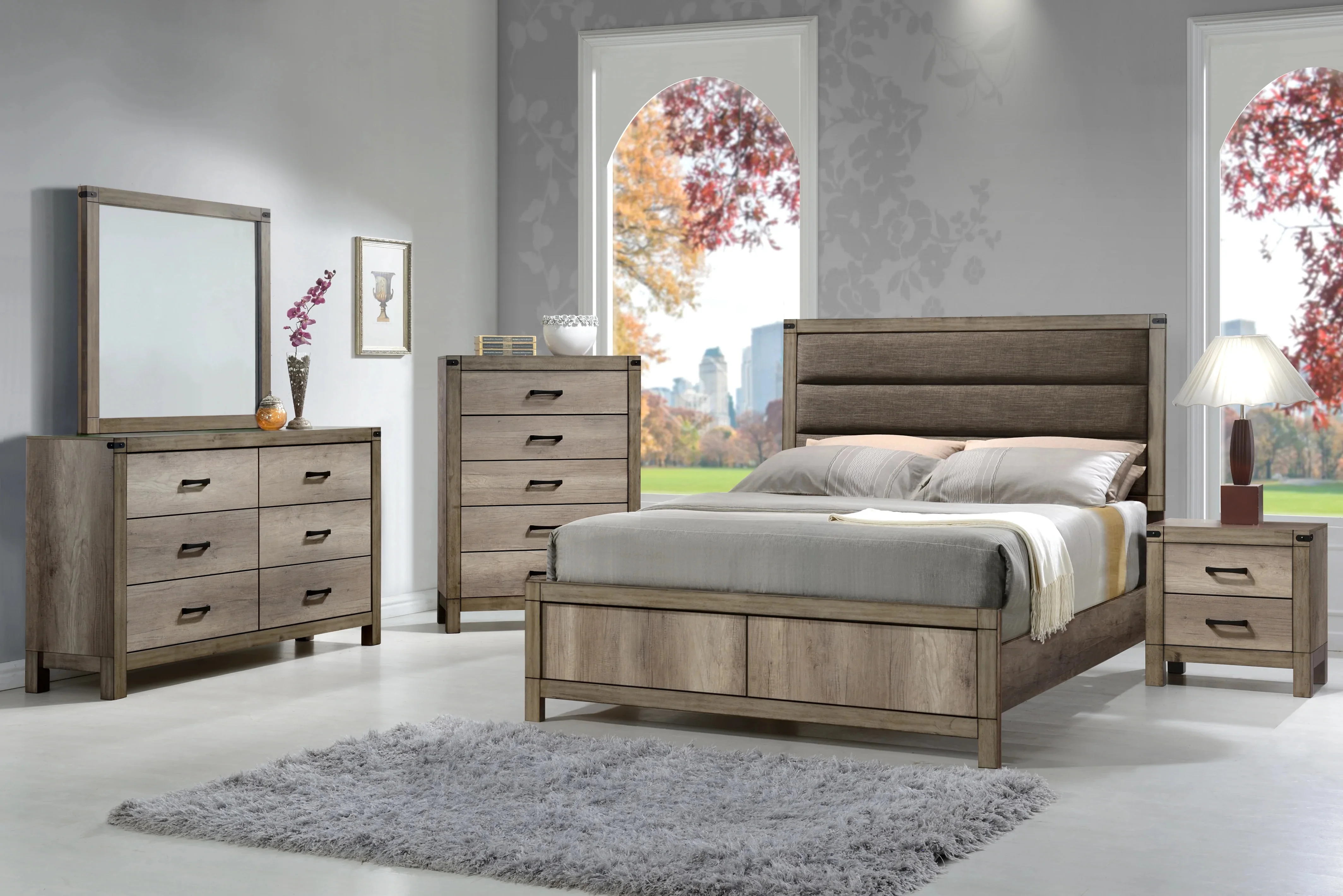 Contemporary Bedroom Set Upholstered Bed Dresser Mirror Nightstand Light Grey Wood Finish King Size 5pc Furniture