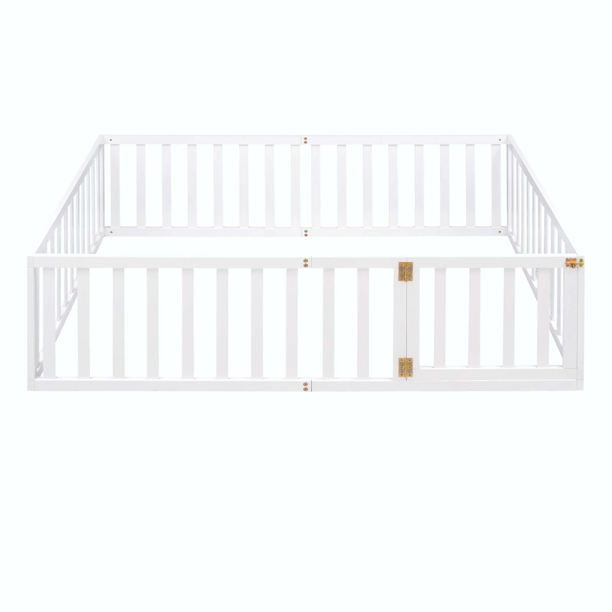 Sturdy and Durable Wood Floor Bed Frame with Fence and Door,No Slat White-Full Size