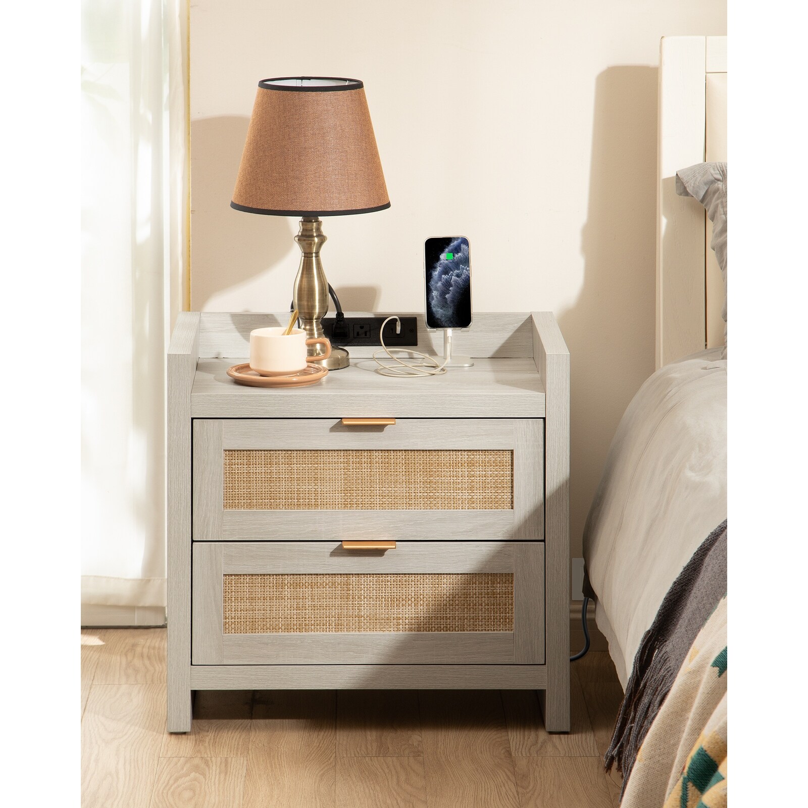 SICOTAS  Farmhouse Set of 2 Nightstand with Charging Station and 2-Drawers White