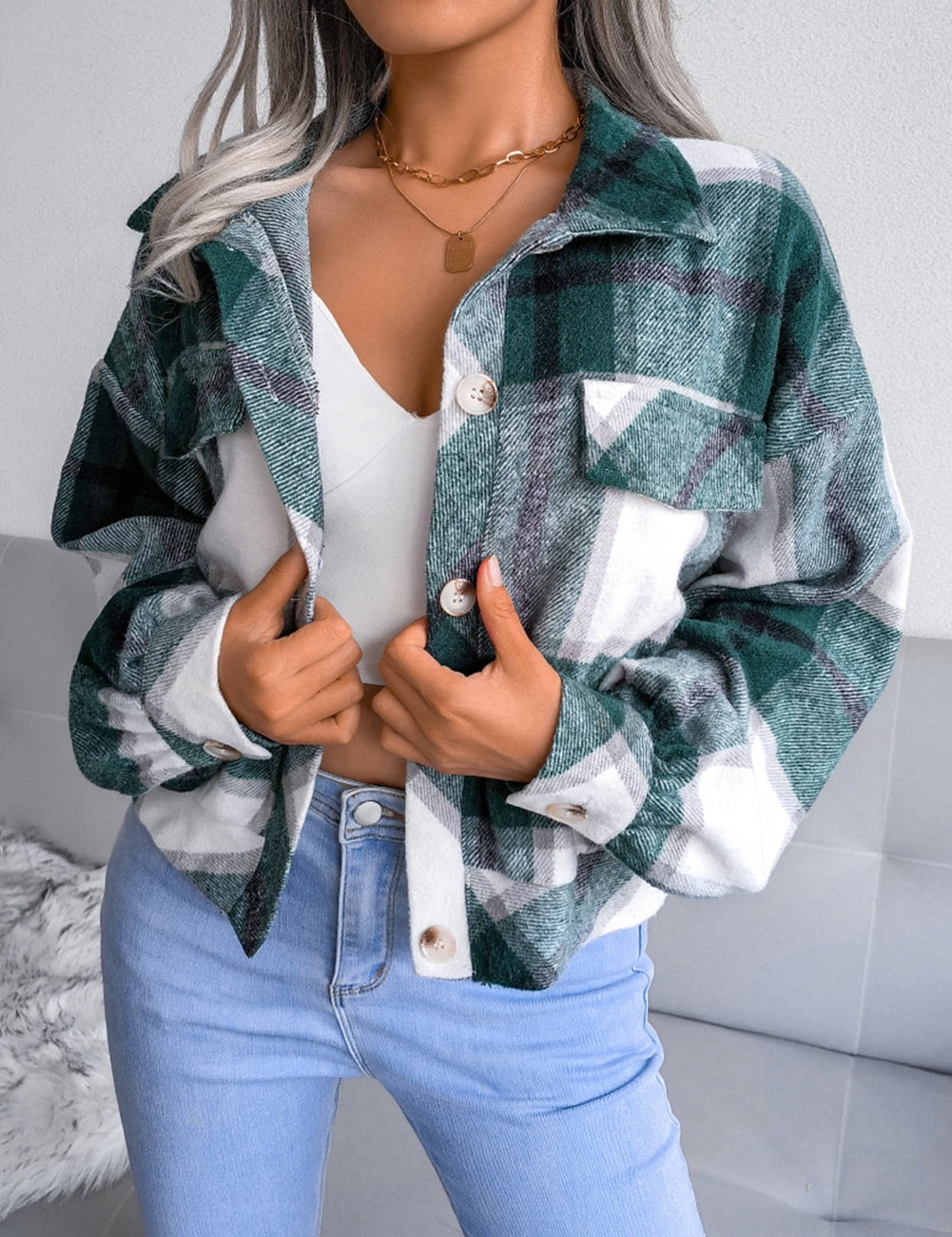 SEARIPE Women's Casual Plaid Fleece Crop Shirt Jacket Shacket Long Sleeve Button Lapel Jacket Coat with Pockets Green L