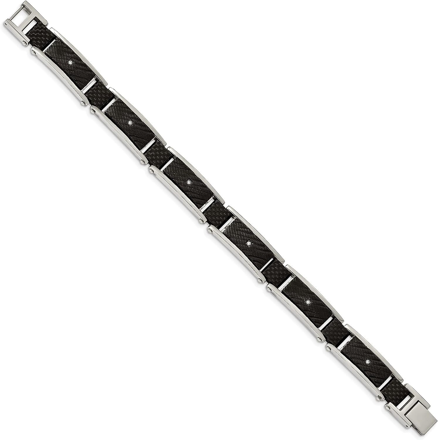 Chisel Stainless Steel Polished and Textured Black IP-plated with CZ and Black Carbon Fiber Inlay Link Bracelet - 8.75