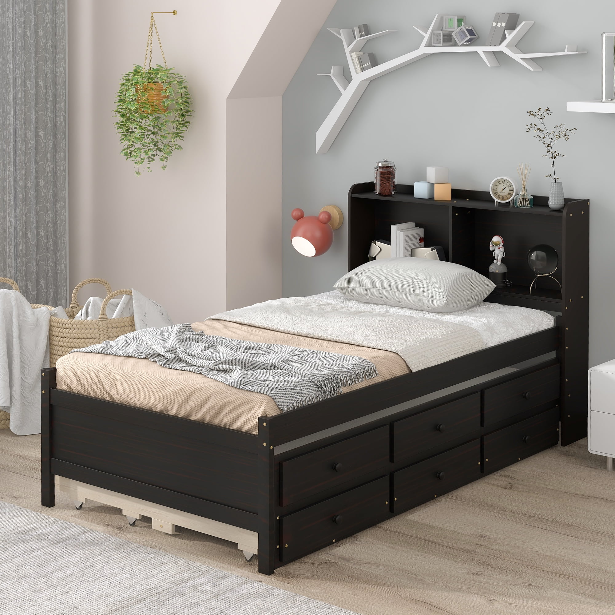 Dawn Whisper Twin Bed with Bookcase, Twin Trundle, Drawers, Espresso