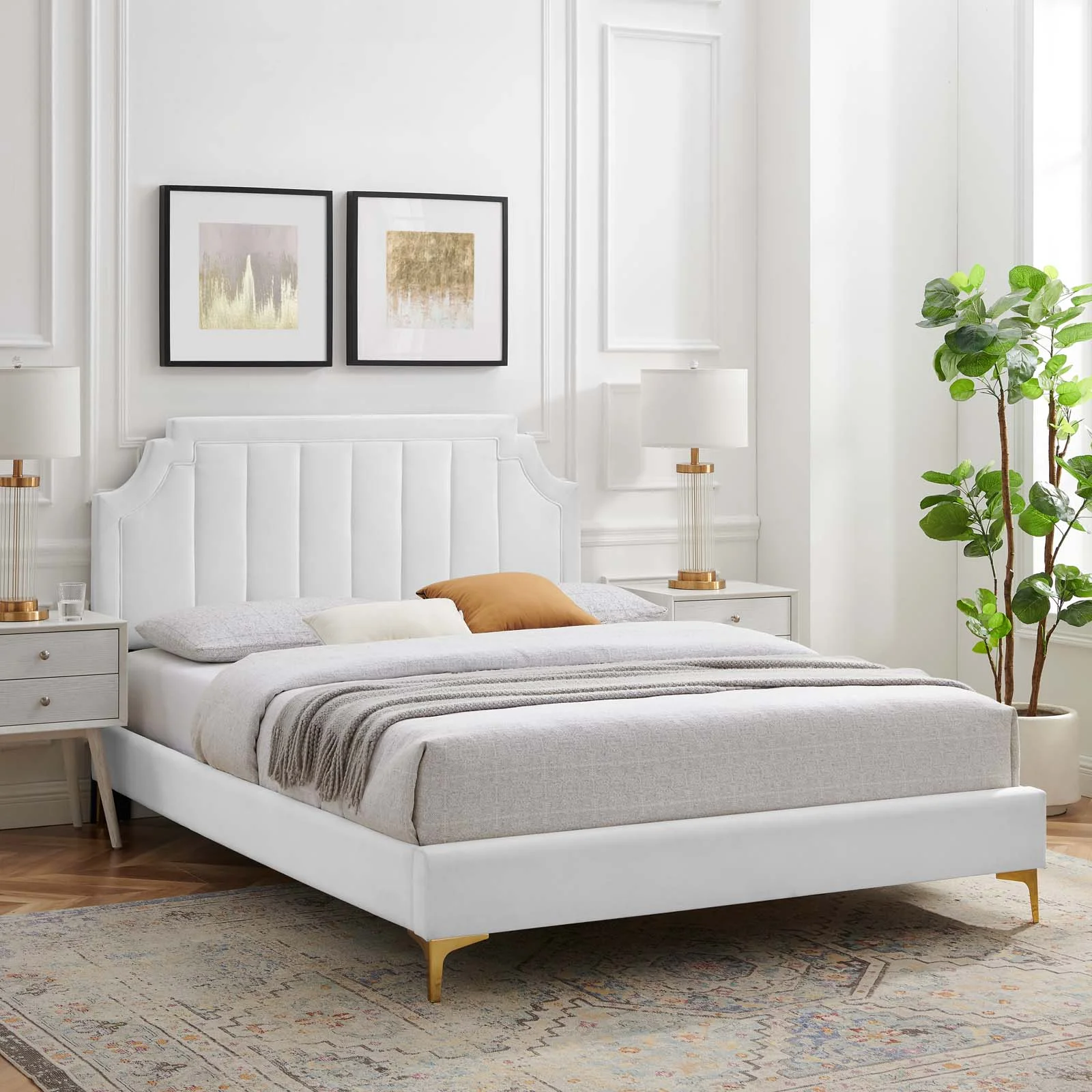 Platform Bed Frame, Queen Size, Velvet, White, Modern Contemporary Urban Design, Bedroom Master Guest Suite