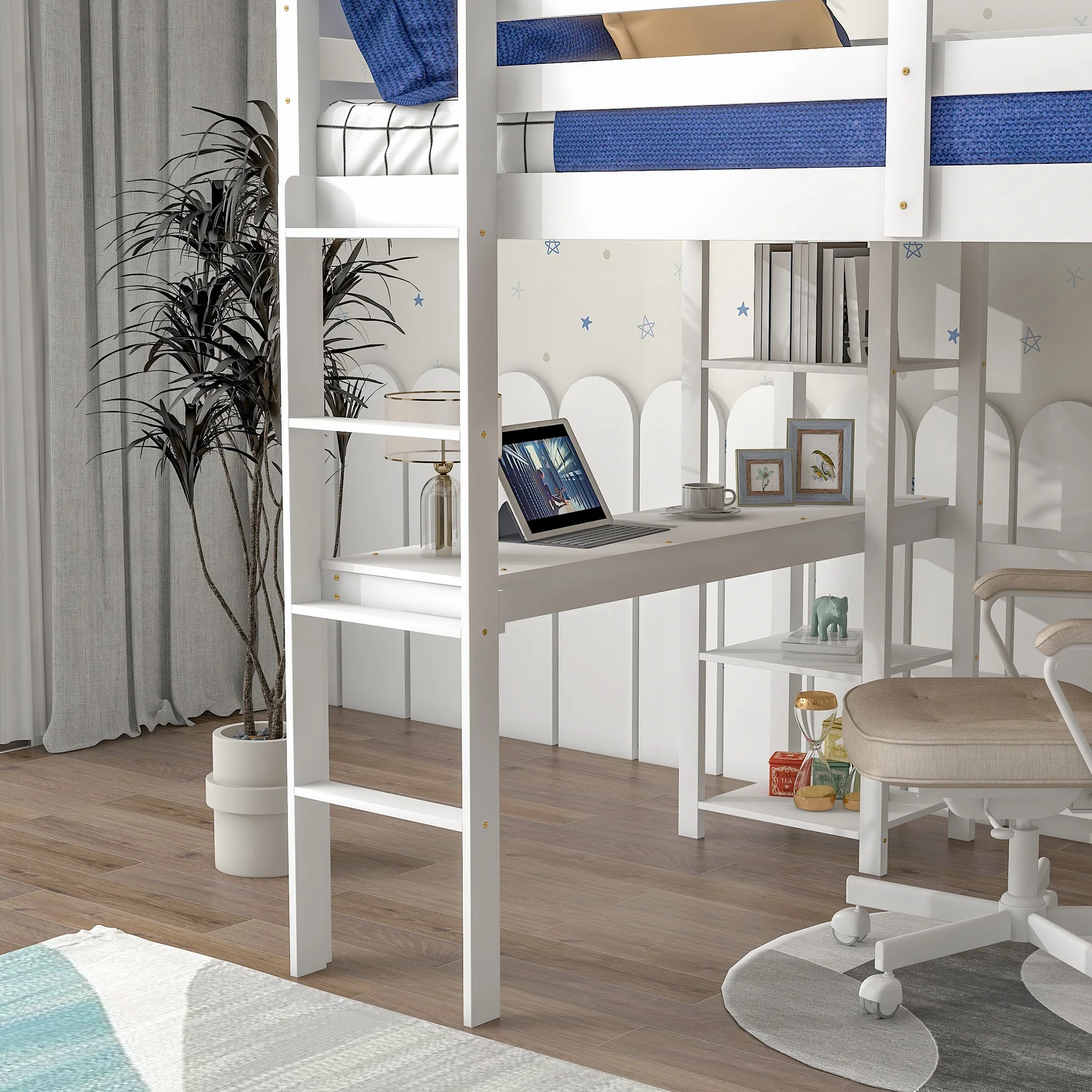 Docooler Full Loft Bed with Desk and Shelves,White