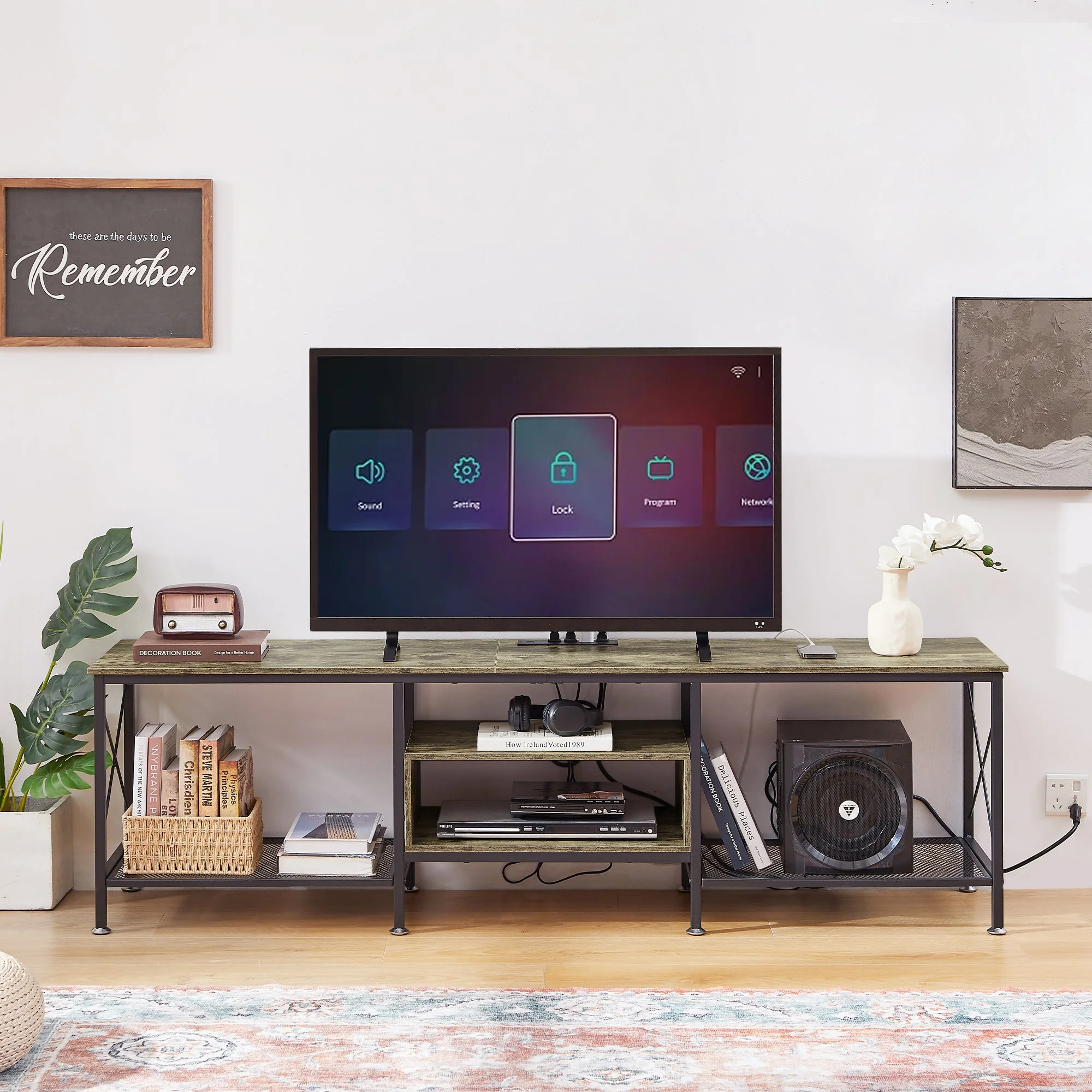 VECELO TV Stand with Power Outlets for TV up to 75 inch, Entertainment Center with USB Charging Station, Modern Industrial TV Console with Open Storage Shelves for Living Room & Bedroom, Gray