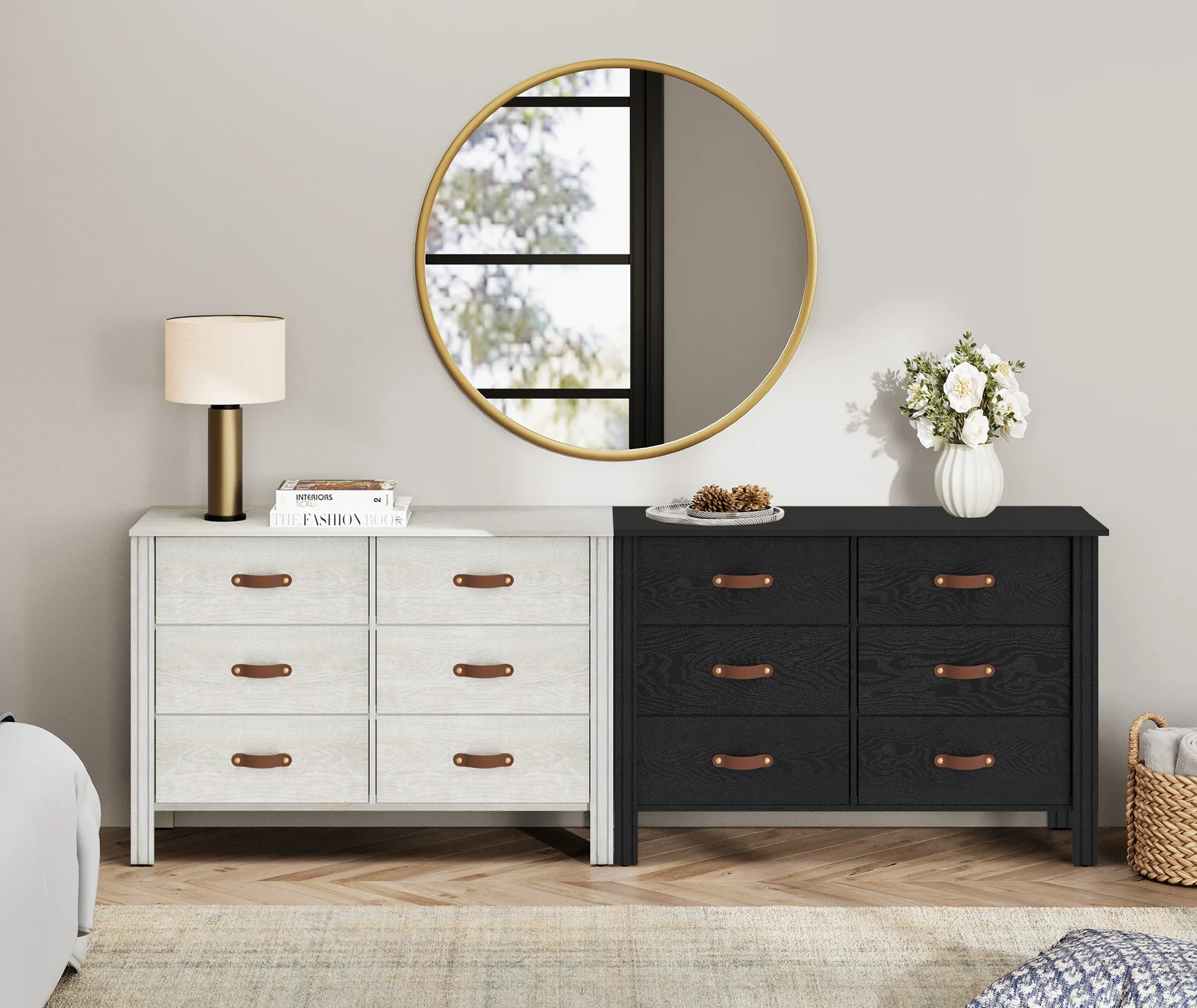 Set of 2 Dresser for Bedroom, Large Wood Dresser with 6 Drawers, Storage Cabinet for Living Room, Hallway, Black & White