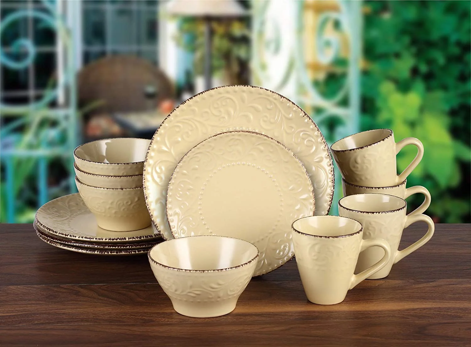 Lorren Home Trends LH529 16 Piece Stoneware Scroll Dinnerware Set, Yellow