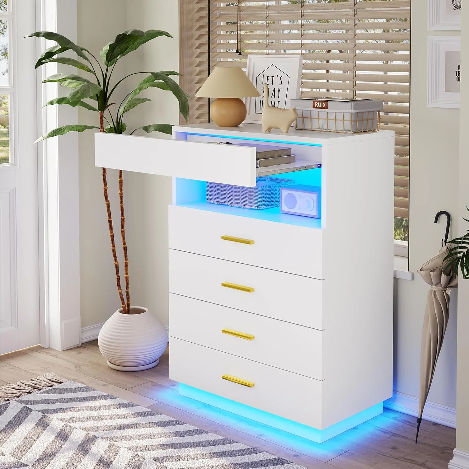 White Dresser with LED Lights, Tall Dresser with Pull Out Tray, Chest of Drawers