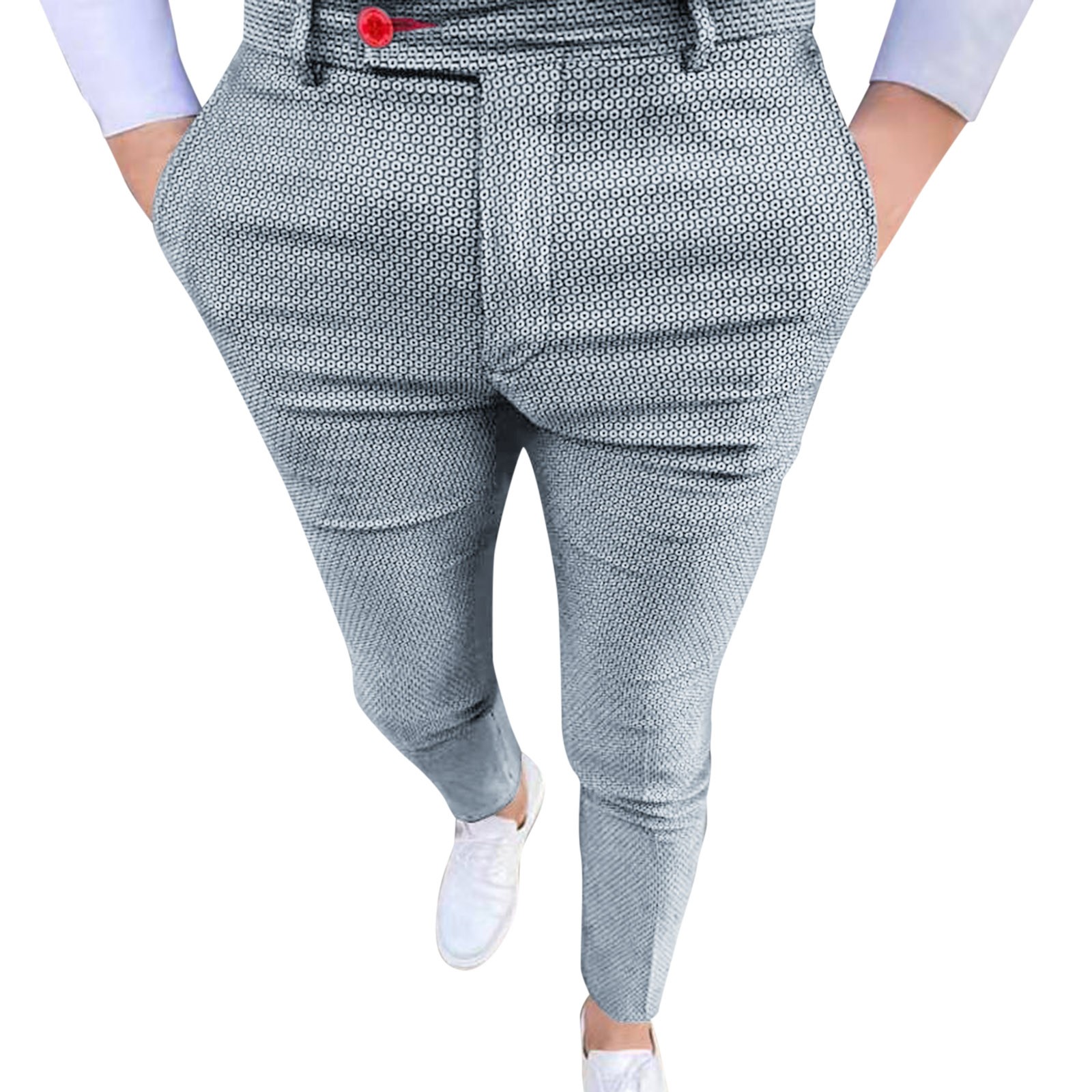 Men'S Casual Versatile Fashion Stretch Pants Dot Print Slim Fit Small Feet Suit Trousers Casual Pants Grey M