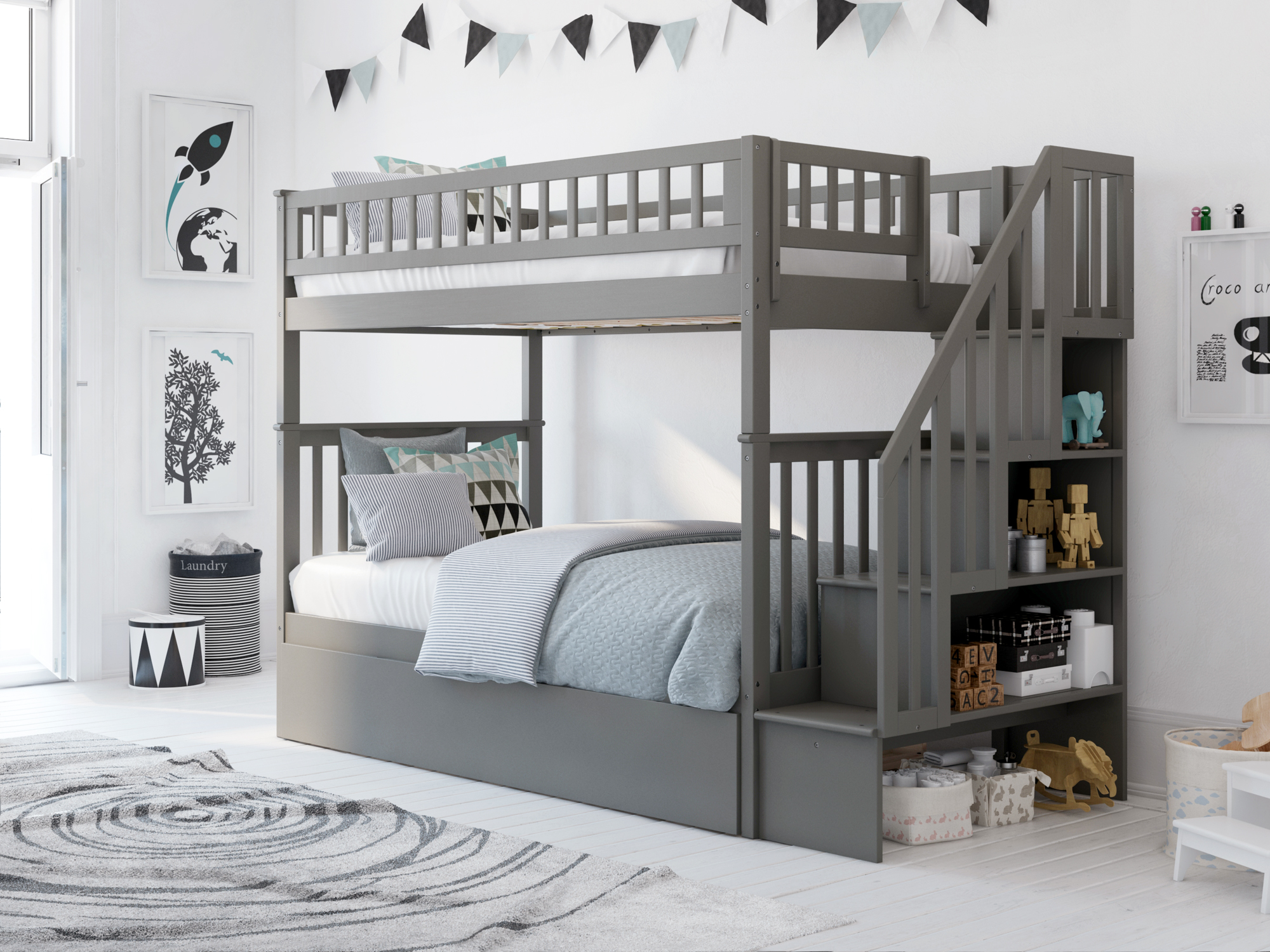 Woodland Staircase Bunk Bed Twin over Twin with Twin Size Urban Trundle Bed in Grey