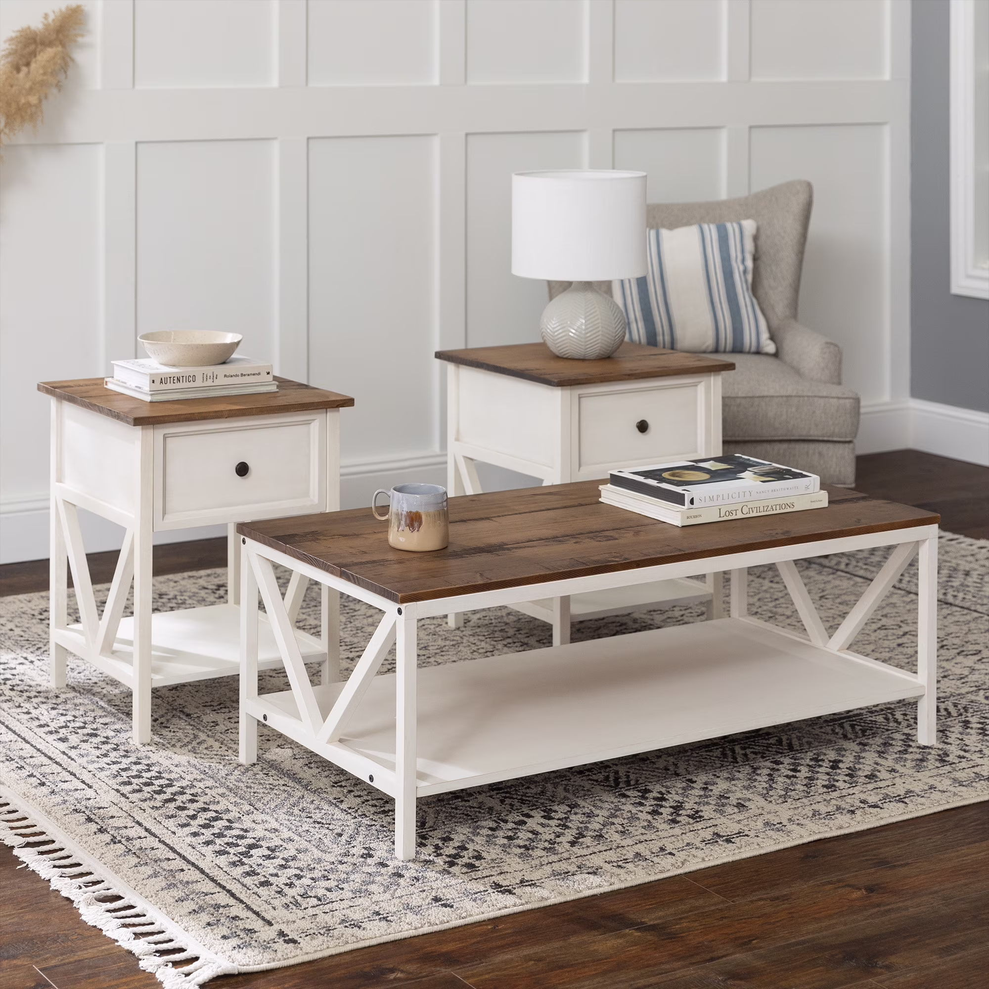 Walker Edison Modern Farmhouse Distressed White Accent Table Set