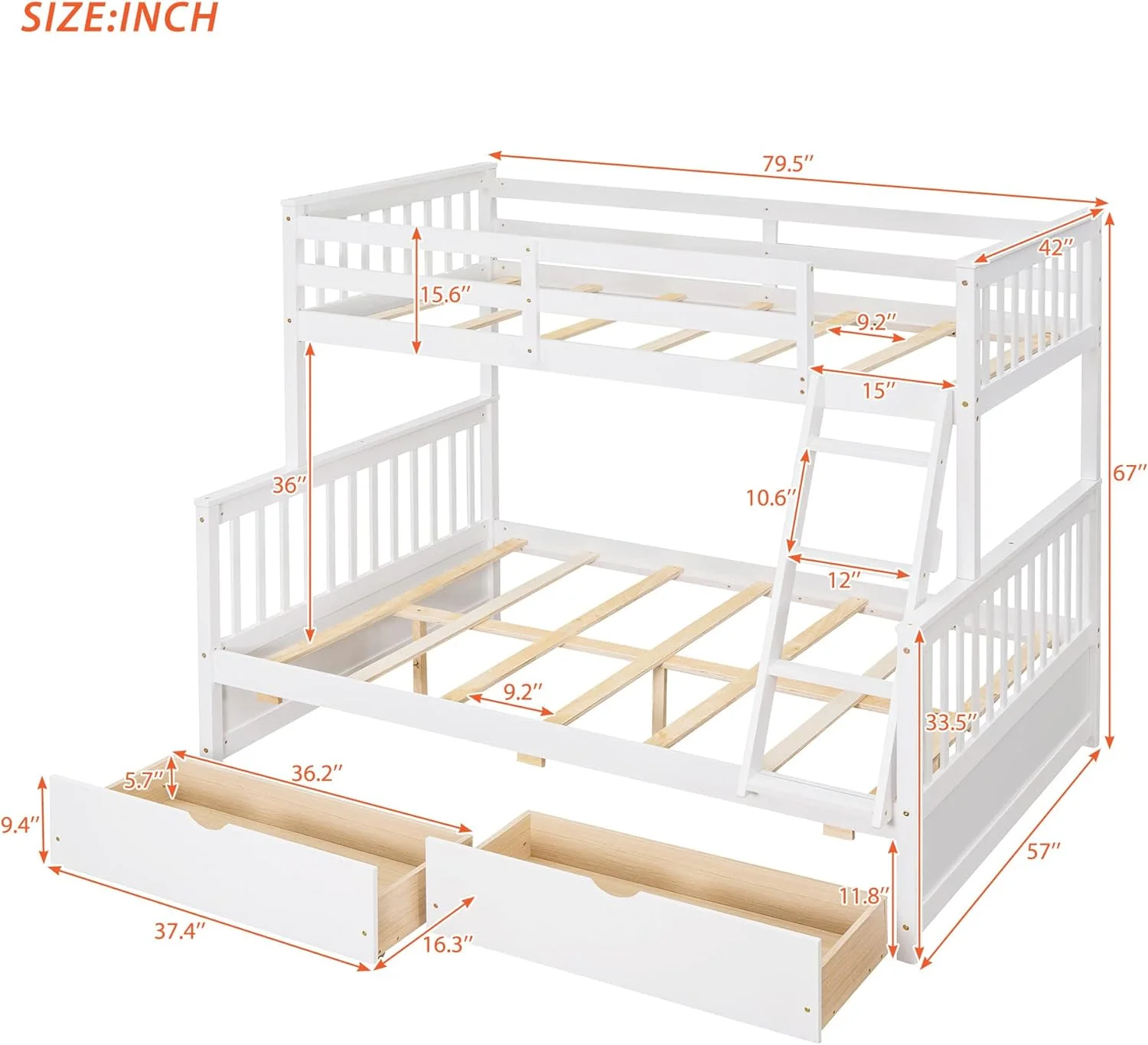 Buk Bed With Drawers, Over Full Buk Bed, Solid Wood Buk Bed Frame With Ladders & 2 Storage Drawers, Bedroom Furiture(White, /Full With Drawers)