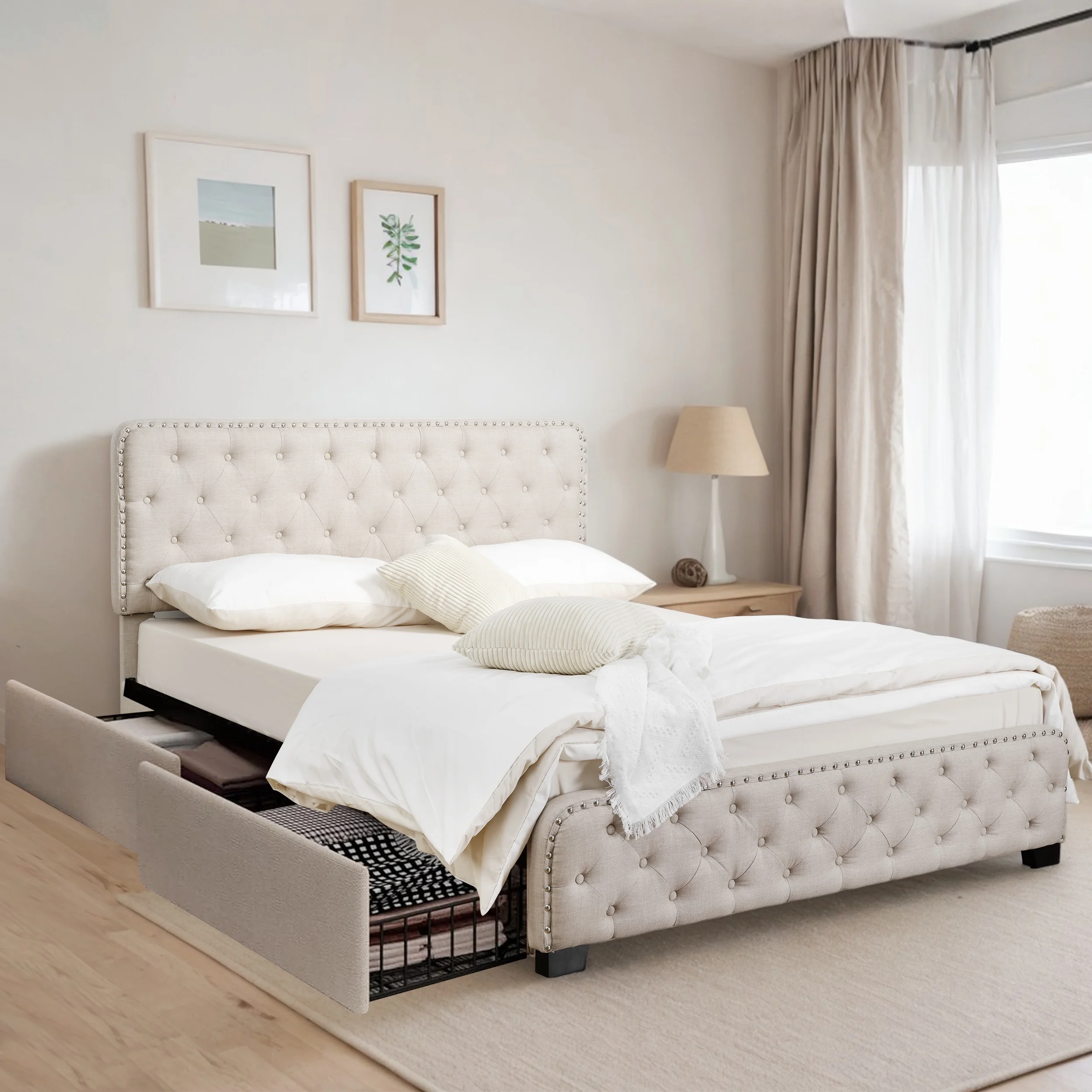 TrumanPick Queen Platform Bed Frame with 4 Storage Drawers and Adjustable Headboard, Adult, Beige