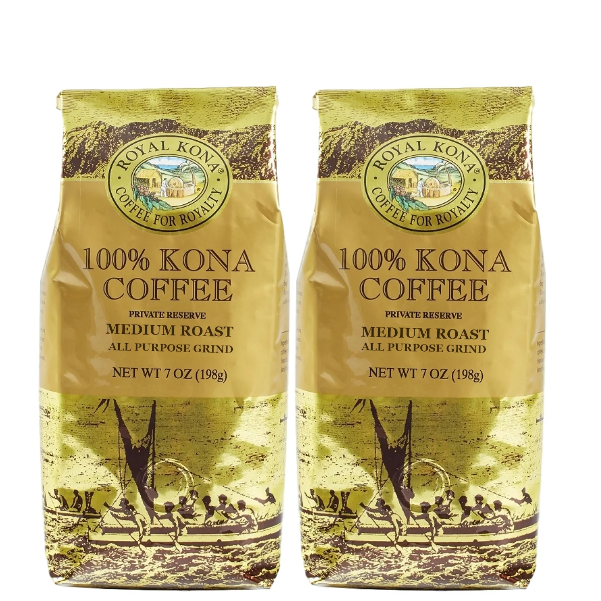 Royal Kona Coffee 100% Hawaiian Kona, Private Reserve, Medium Roast Ground Coffee, 7 Oz, 2 Pack