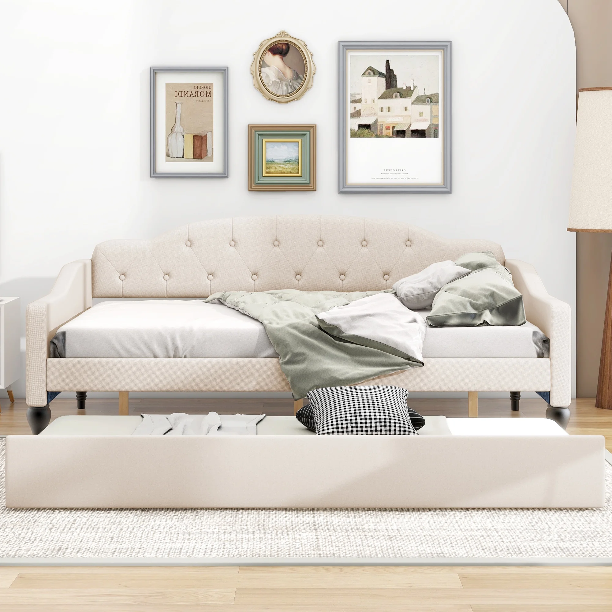 CoSoTower Full Size Upholstered Tufted Daybed with Twin Size Trundle, Beige