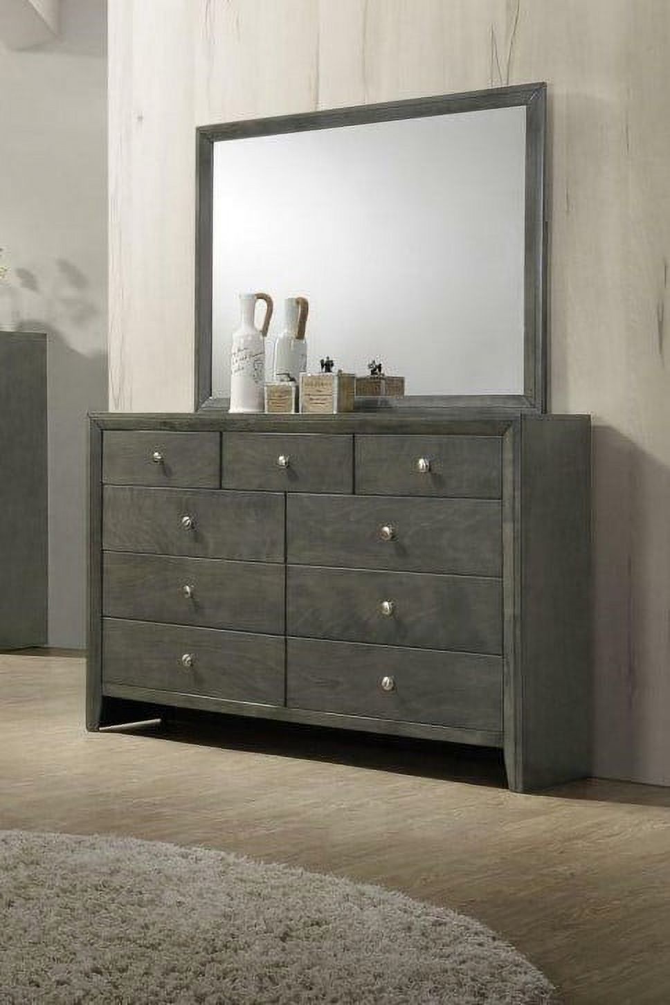 Contemporary Style Queen Size Bed, Dresser, Mirror, Nightstand 5 Piece Set Gray Finish Solid Wood Bedroom Furniture