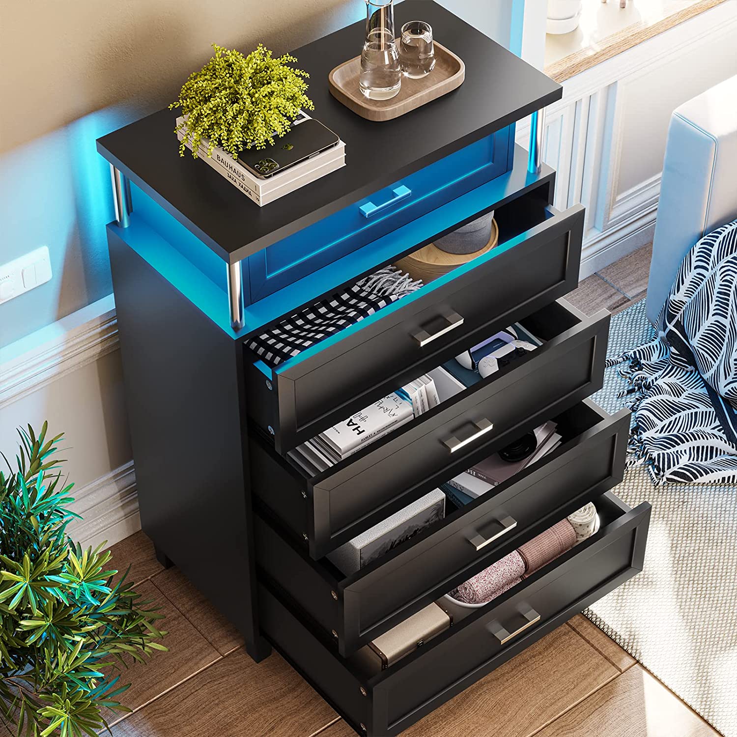 EPHEX LED Chest of Drawers, Tall Dresser for Bedroom with 5 Drawers, Wood Dresser for Bedroom, Black