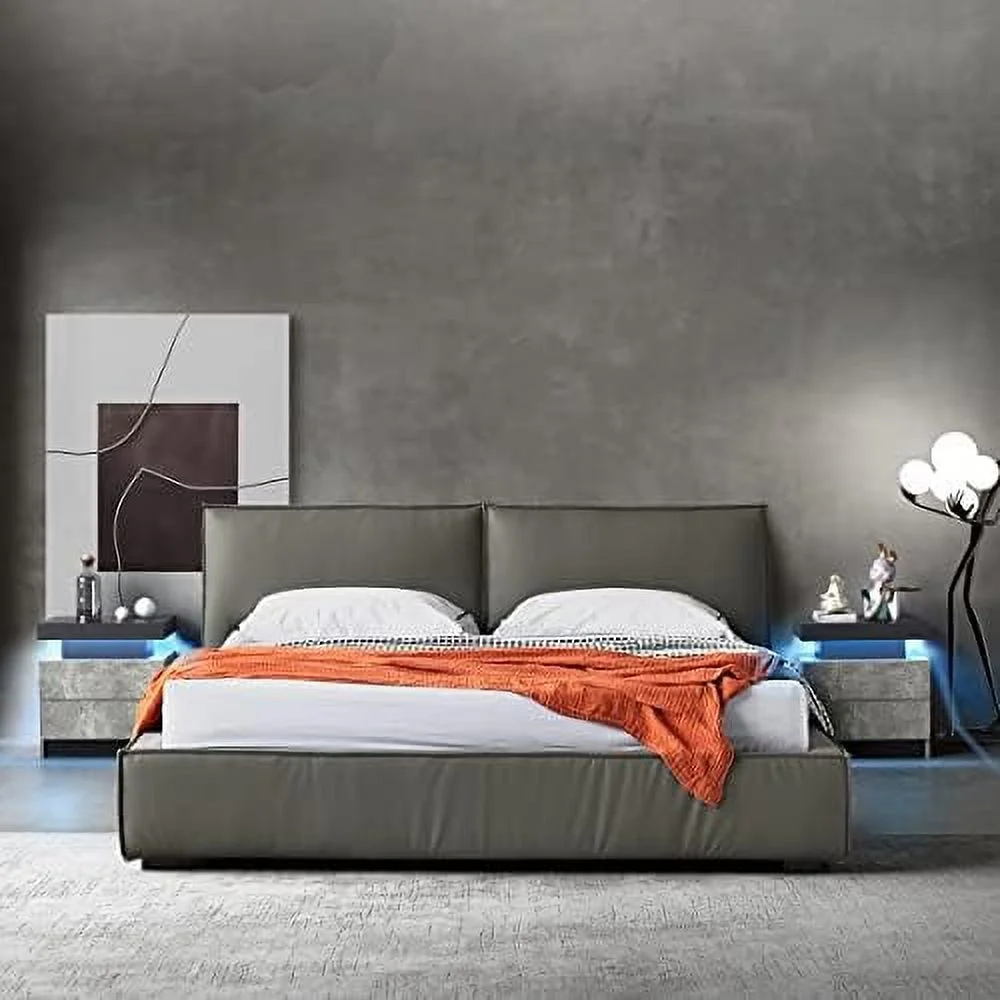 RUNFAYBIU Nightstand  LED Nightstand with 2 Drawers  Bedside Table with Drawers for Bedroom   Side Bed Table with LED Light  Grey