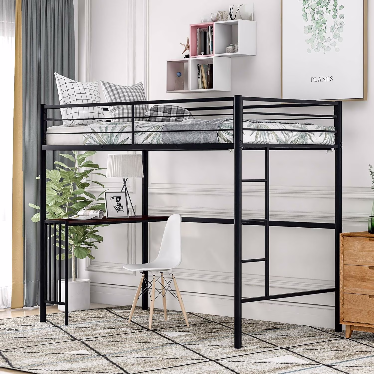 Metal Lfot Bed, Loft Bed With Ladder & Guardrails, Size Loft Bed Frame, No Box Spring Needed (Black, Loft)
