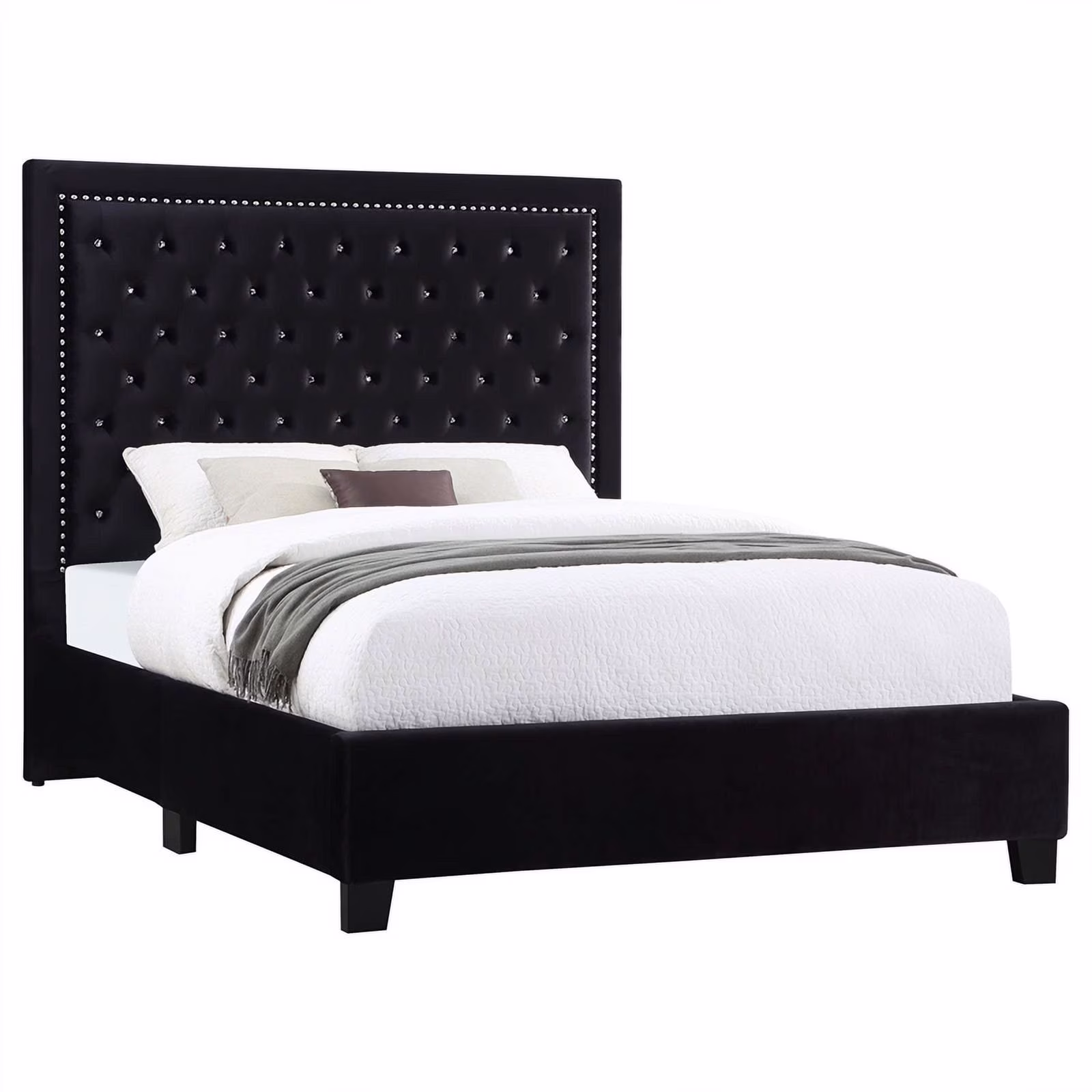 Pemberly Row Velvet Upholstered Tufted Platform Queen Bed Black