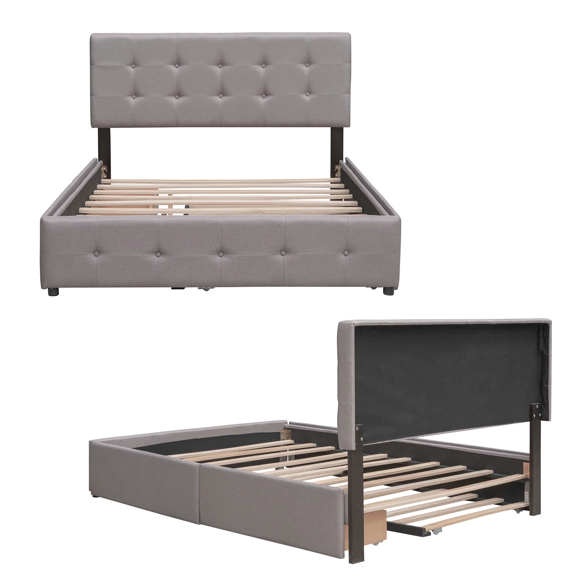 Modern and Stylish Linen Upholstered Wood Frame Queen Size Platform Bed with Headboard, Two Drawers and Trundle Bed, Light Gray