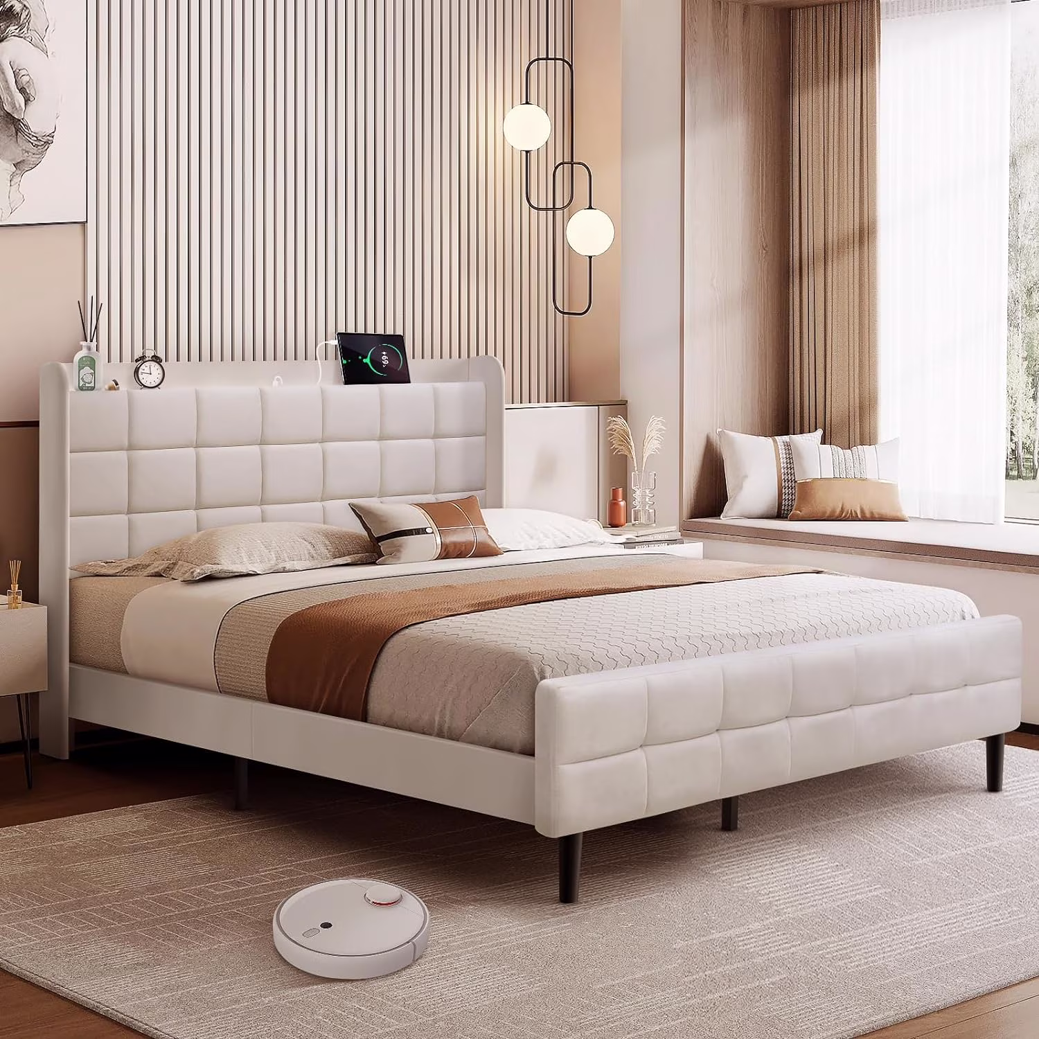 Radirus Fabric bed with Type-C & USB Ports, Stylish Bed Frame with Built-in Charging Ports, Perfect for Contemporary Homes