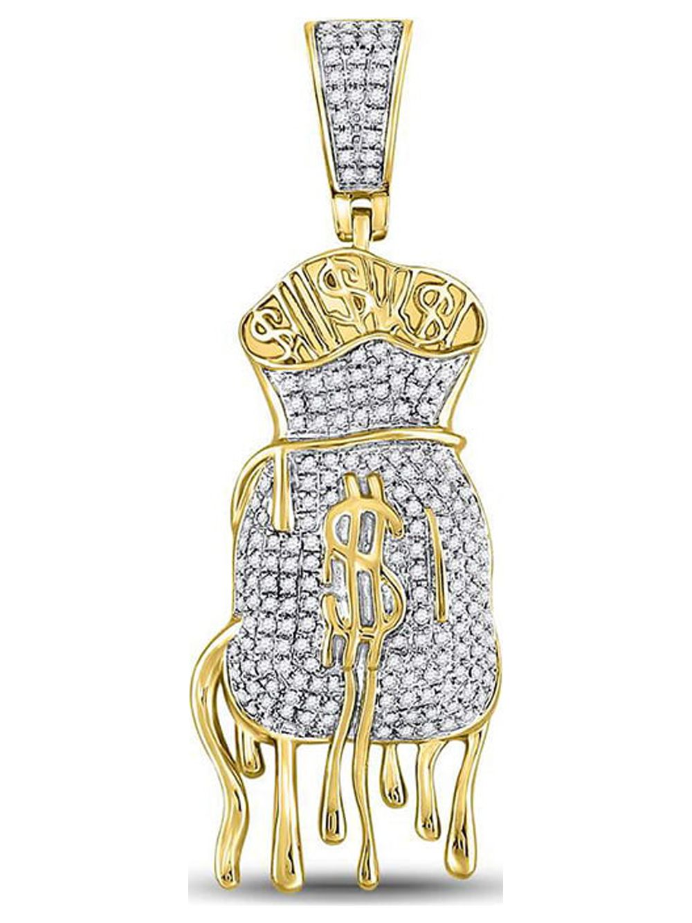 FB Jewels 10kt Yellow Gold Mens Round Diamond Dripping Money Bag Charm Pendant 1/2 Cttw