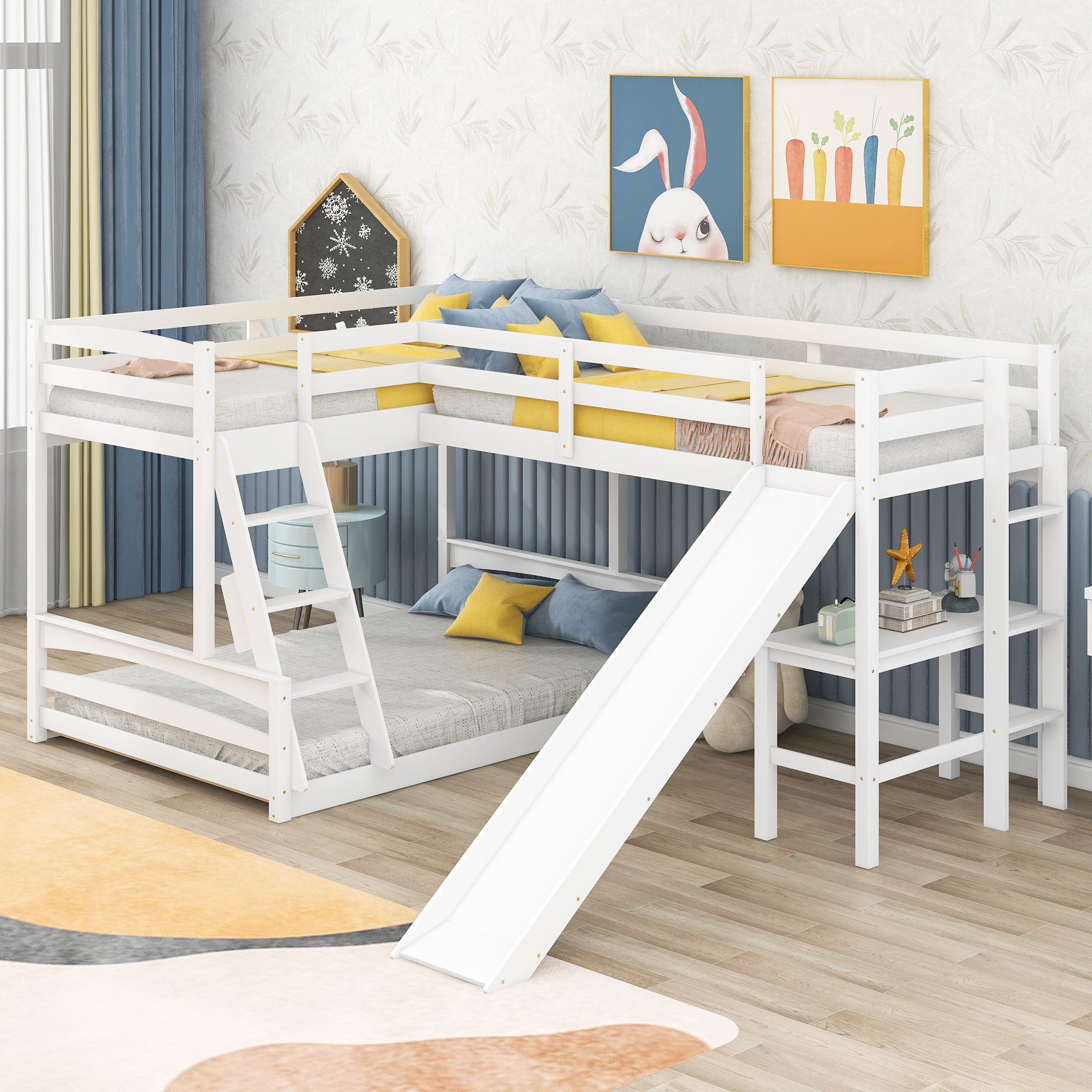 Livspace Twin over Full Bunk Bed with Twin Size Loft Bed with Desk and Slide,Full-Length Guardrail, White