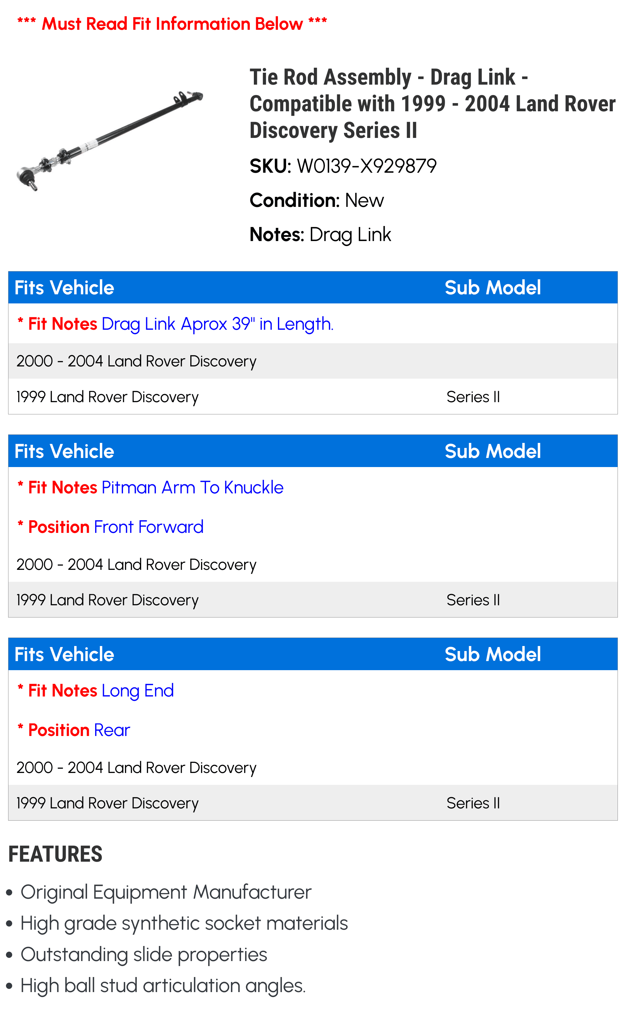 Tie Rod Assembly - Drag Link - Compatible with 1999 - 2004 Land Rover Discovery Series II 2000 2001 2002 2003