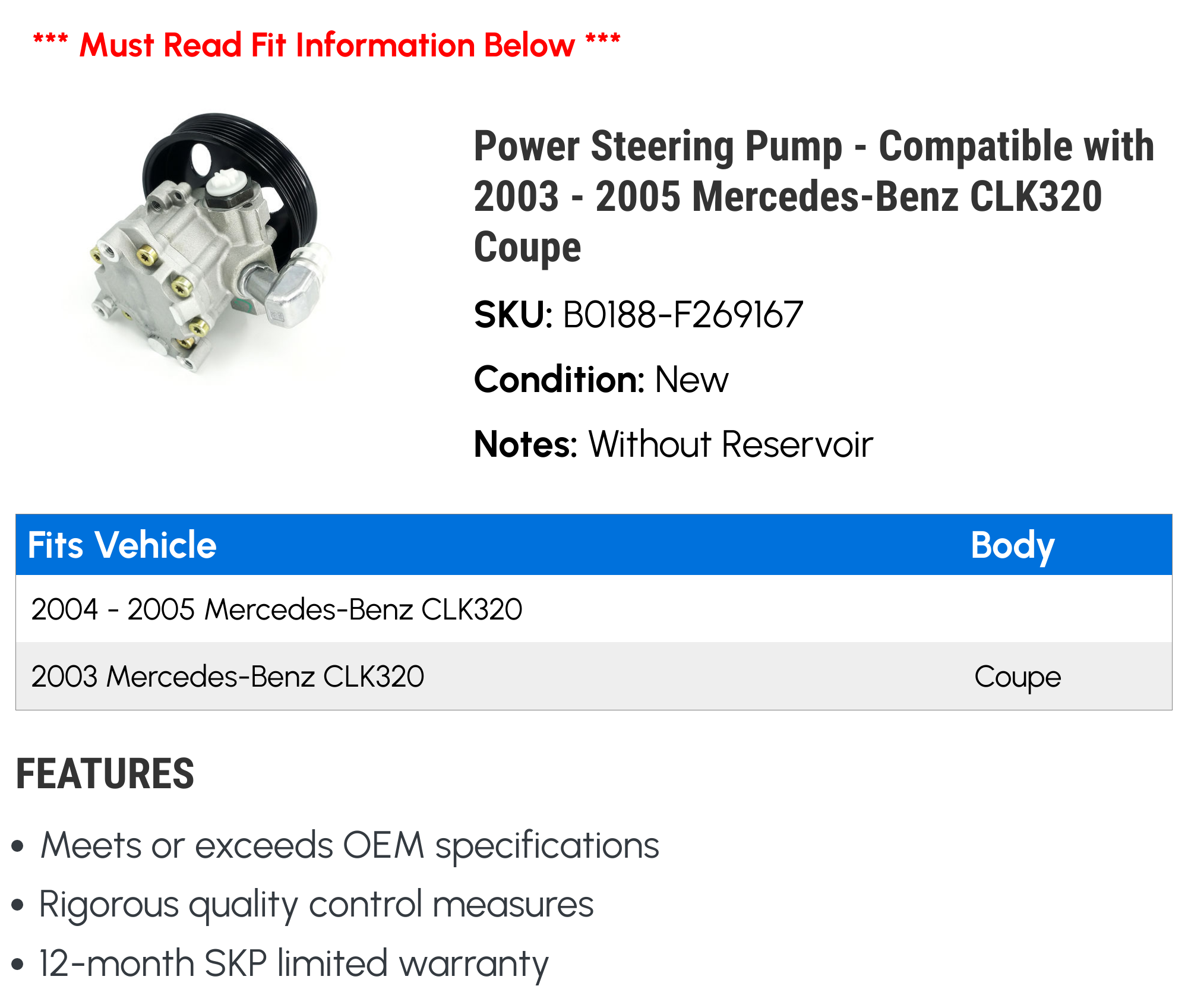 Power Steering Pump - Compatible with 2003 - 2005 Mercedes-Benz CLK320 Coupe 2004