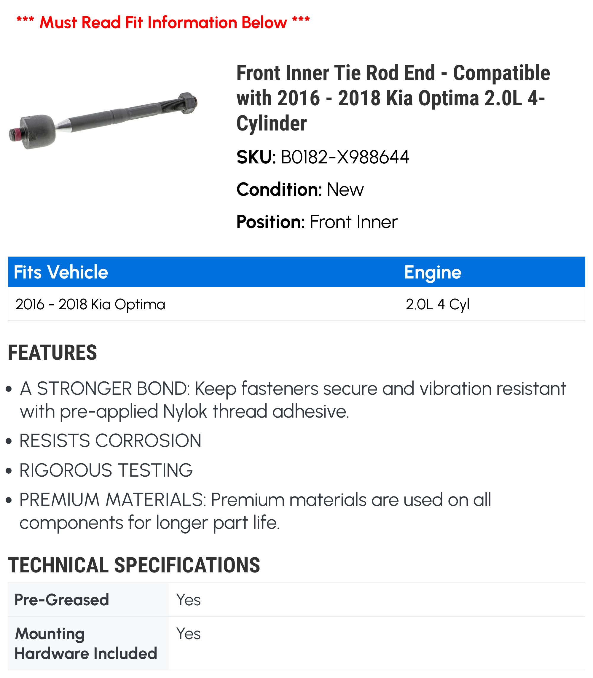 Front Inner Tie Rod End - Compatible with 2016 - 2018 Kia Optima 2.0L 4-Cylinder 2017