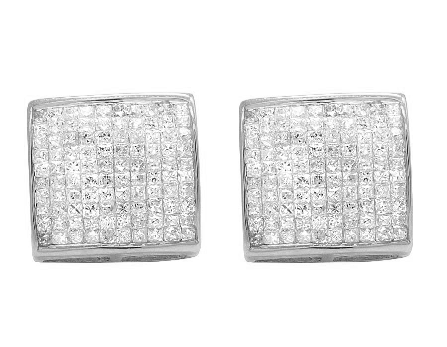 14K White Gold Princess Real Diamond Square Stud Earrings 1.80ct 11MM