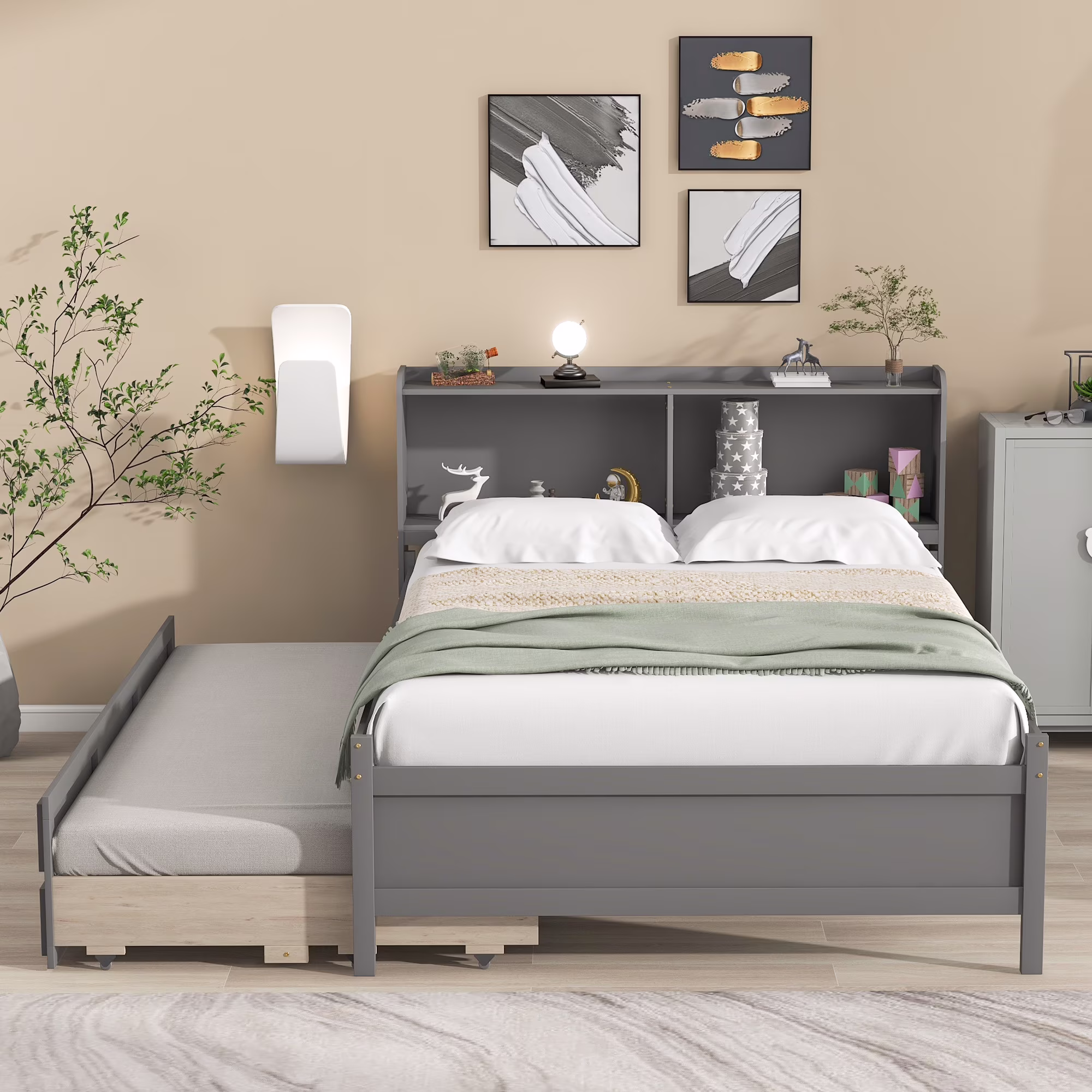 Bellemave Full Multifunctional Platform Bed with Bookkcase,Pull-Out Trundle and 3 Storage Drawers,No Box Spring Needed(Gray)