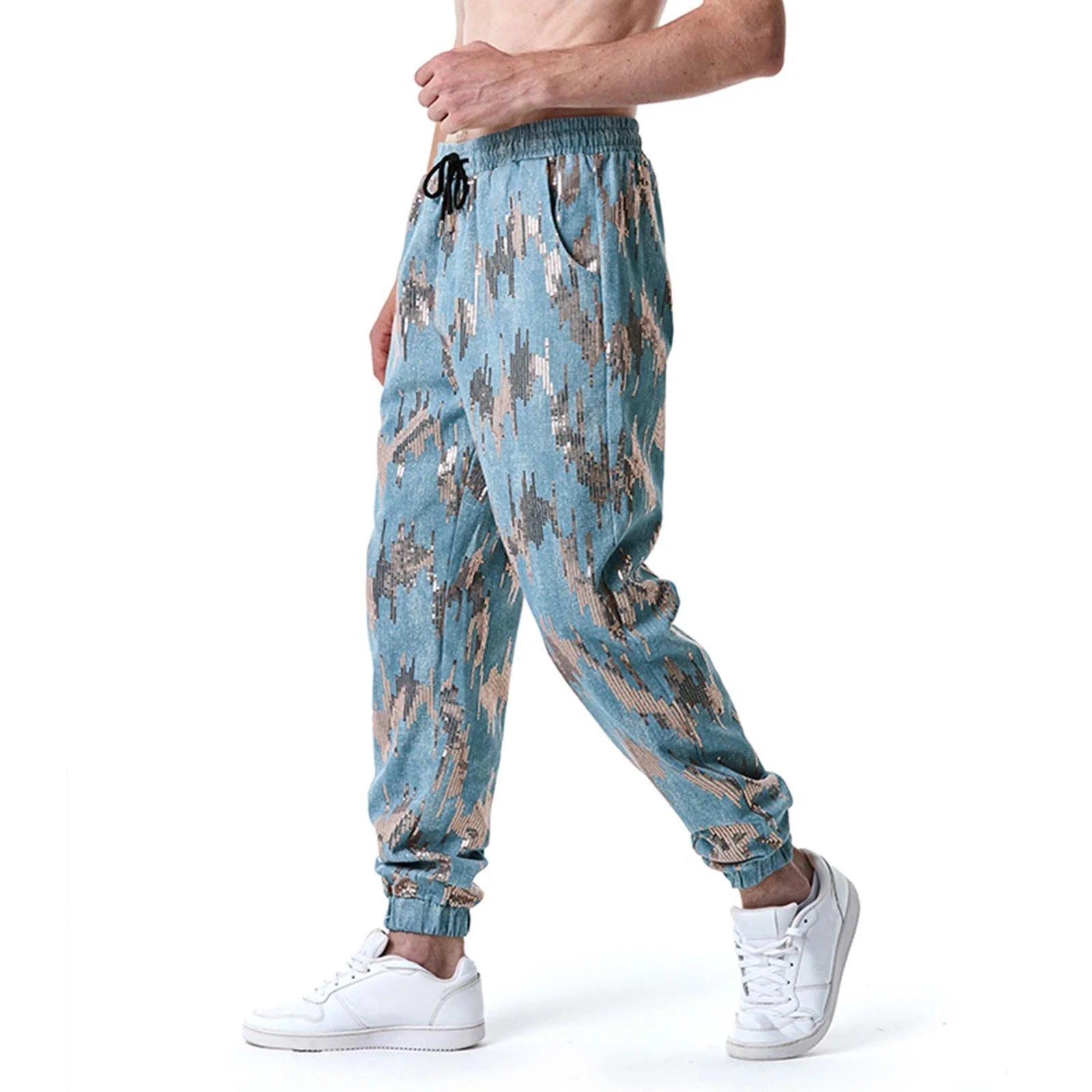 Mens Loose Sequins Leggings Youth Fashion Casual Dance Party Leggings Pants Sweatpants Blue M